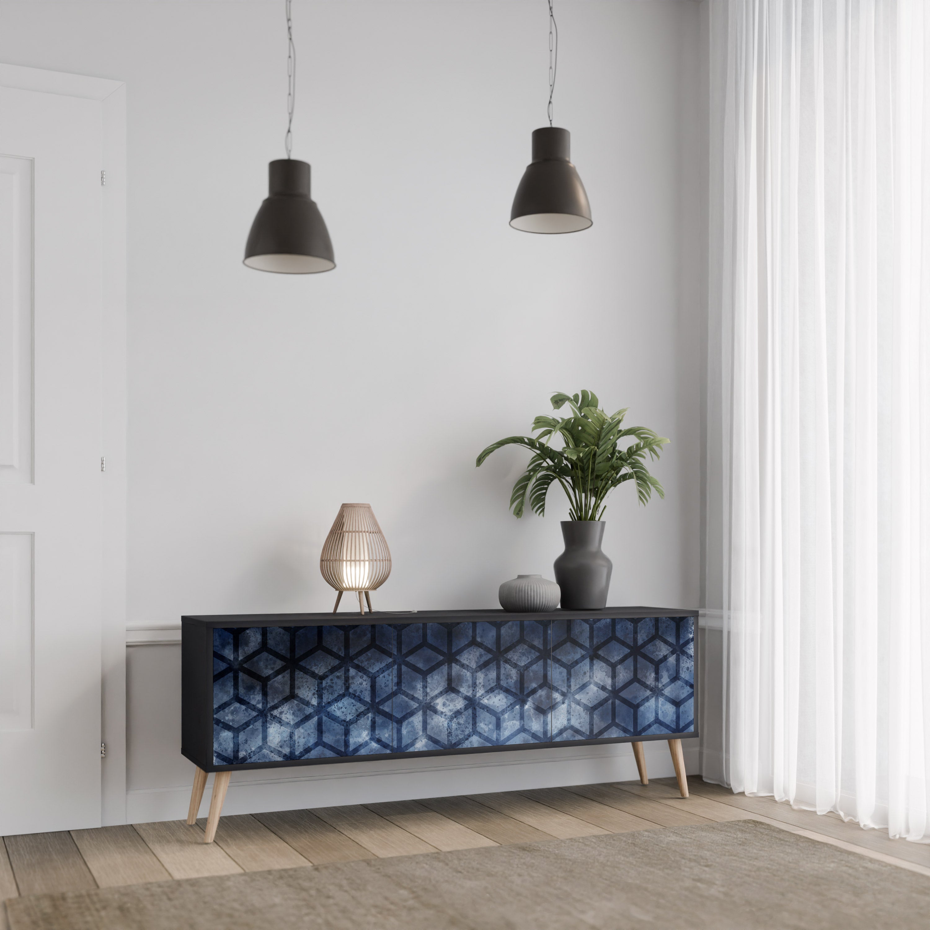 Mueble de TV de 3 puertas CUBIC MIST con acabado negro