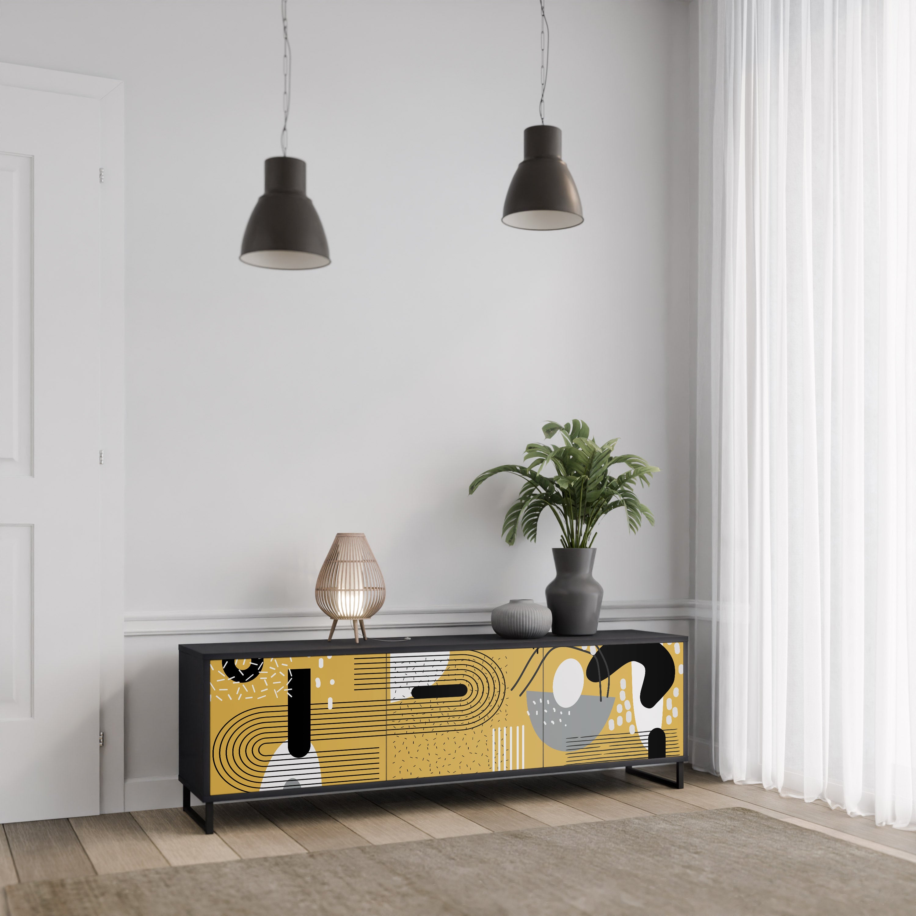 Mueble de TV de 3 puertas SHAPESHIFT SYMPHONY con acabado negro