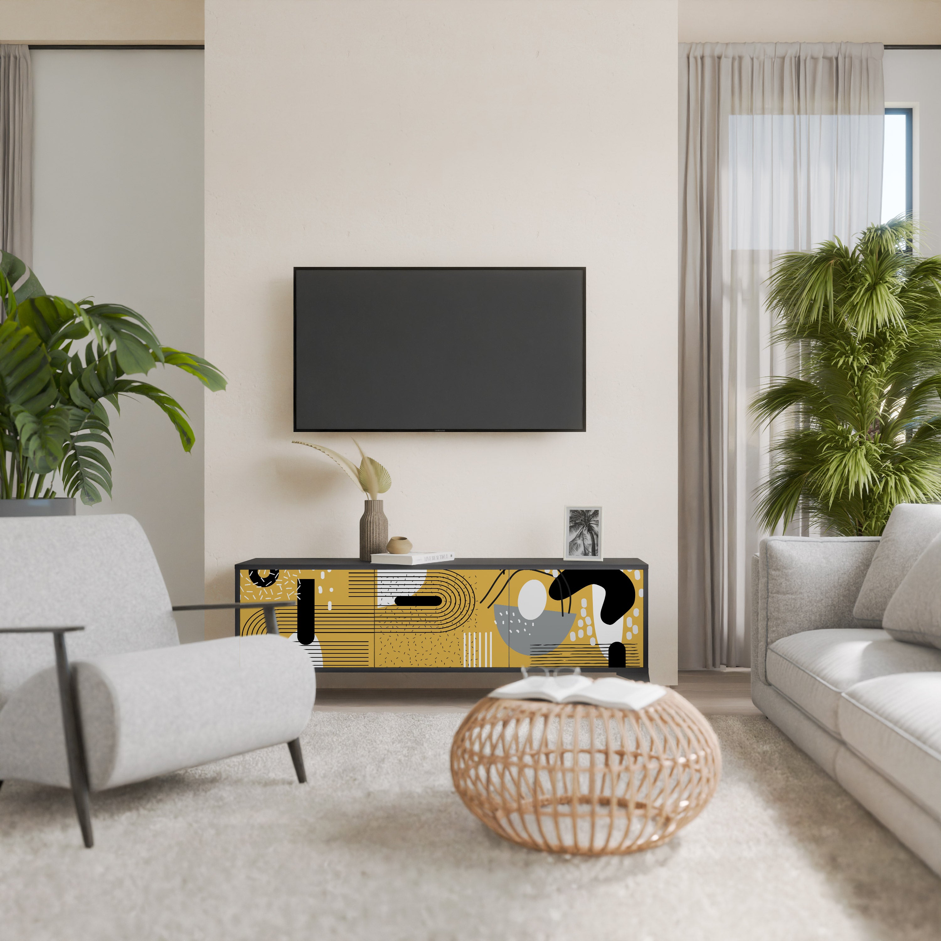 Mueble de TV de 3 puertas SHAPESHIFT SYMPHONY con acabado negro