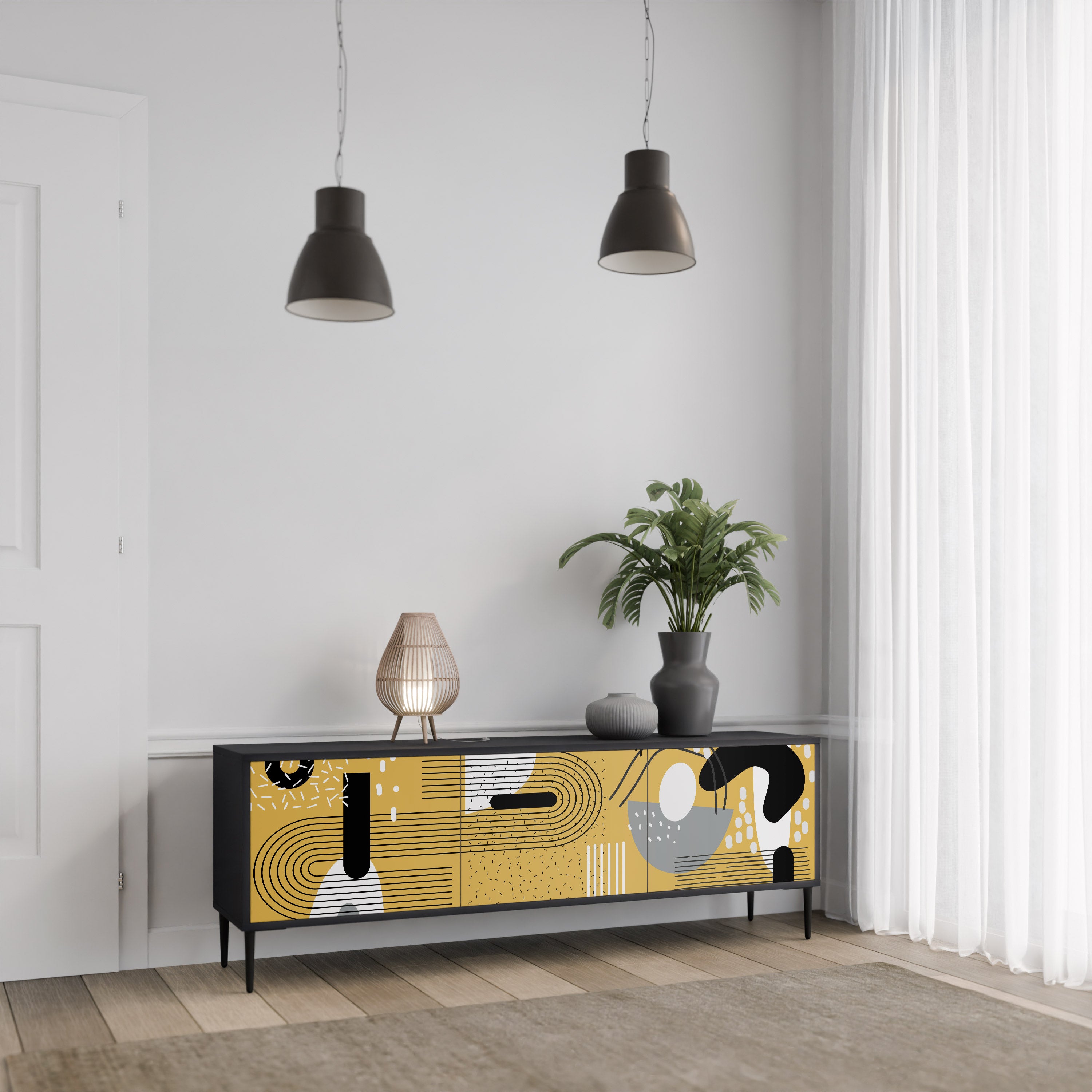 Mueble de TV de 3 puertas SHAPESHIFT SYMPHONY con acabado negro