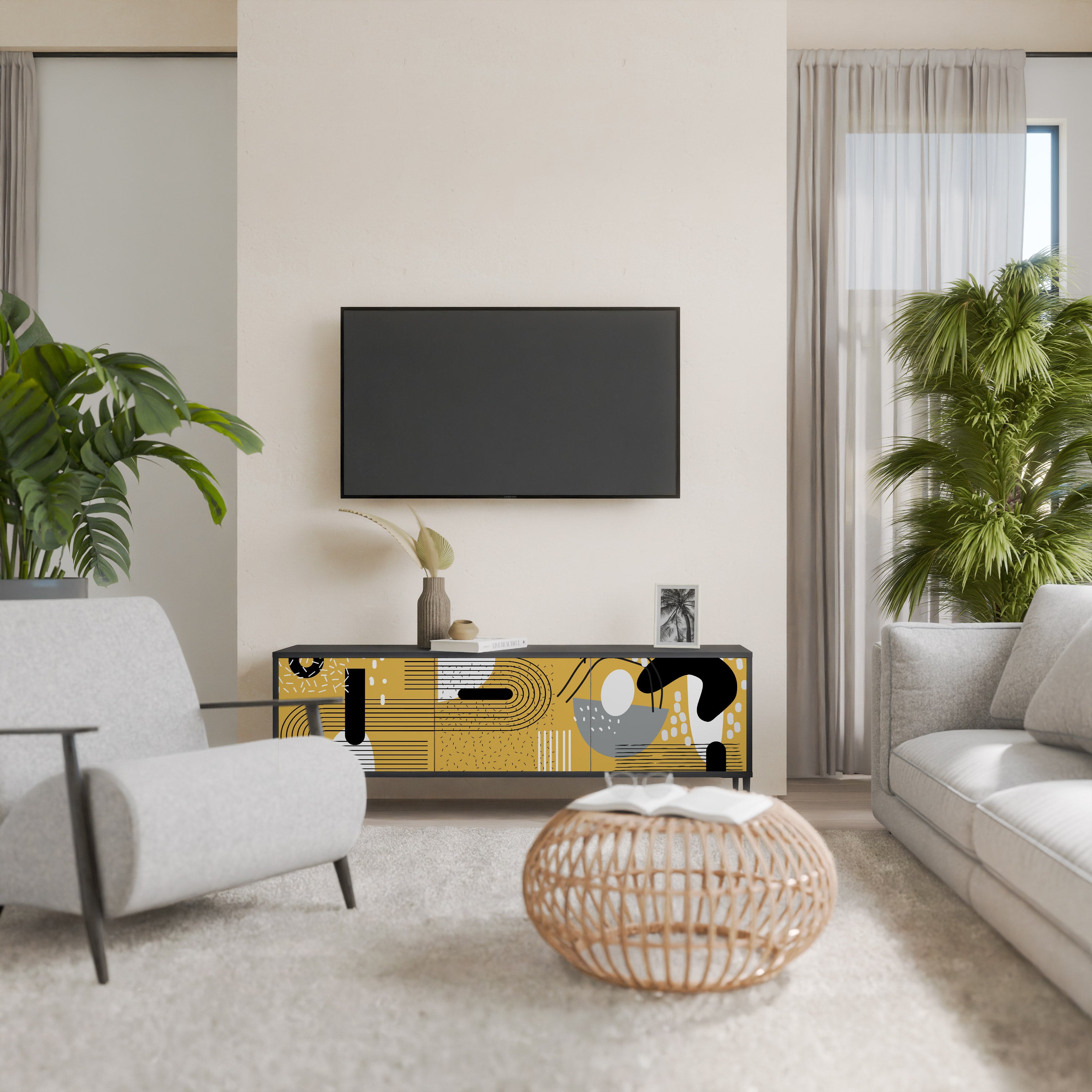 Mueble de TV de 3 puertas SHAPESHIFT SYMPHONY con acabado negro