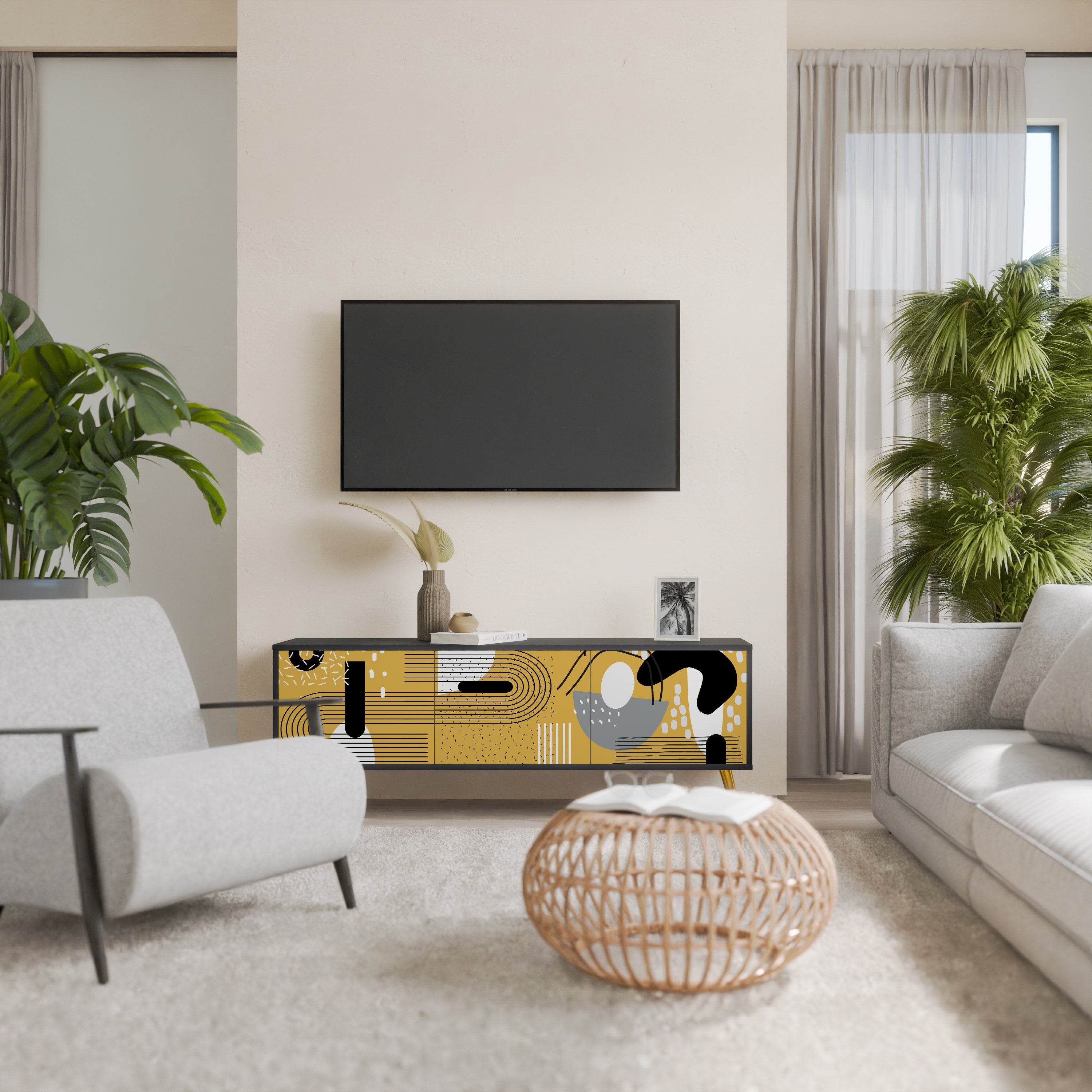 Mueble de TV de 3 puertas SHAPESHIFT SYMPHONY con acabado negro