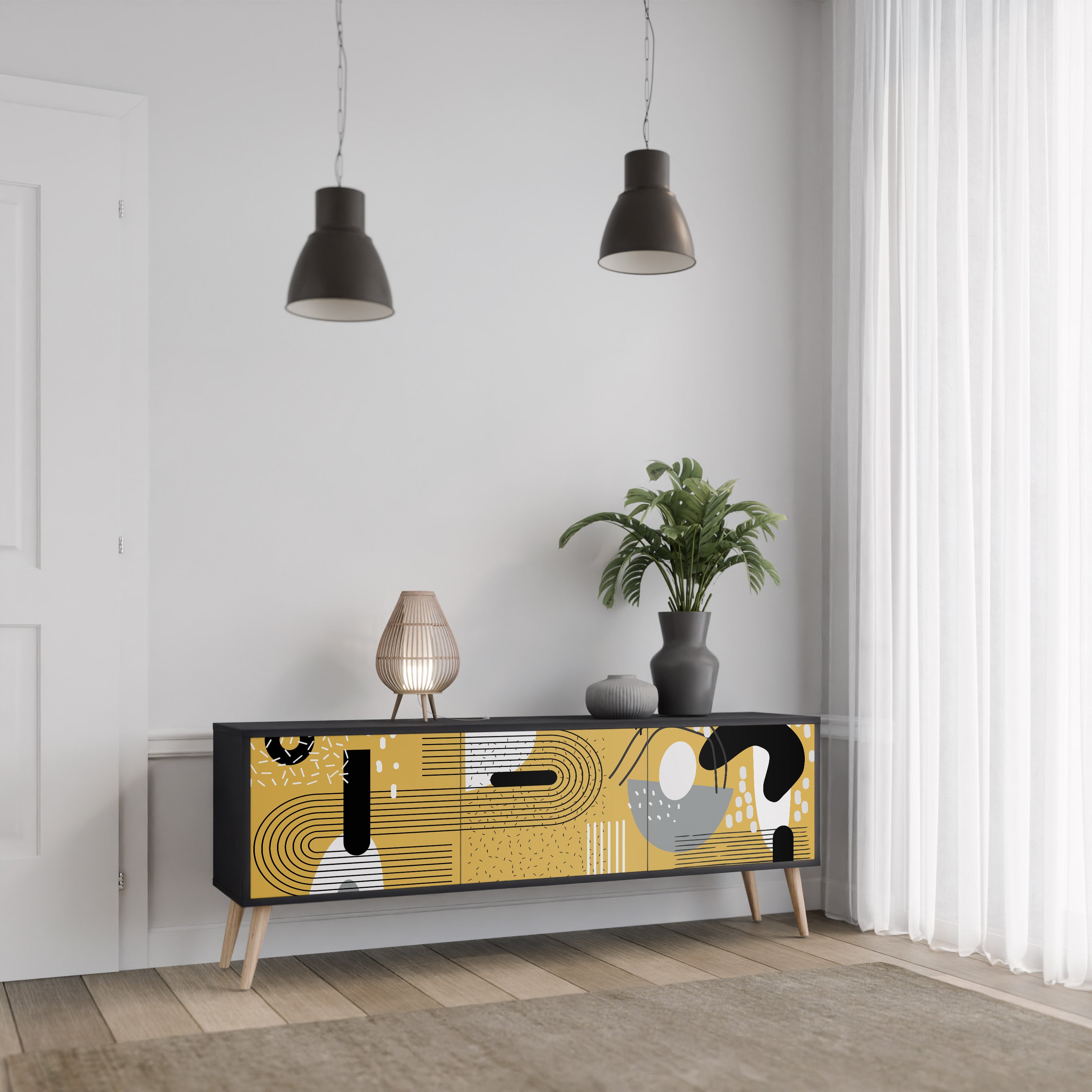 Mueble de TV de 3 puertas SHAPESHIFT SYMPHONY con acabado negro