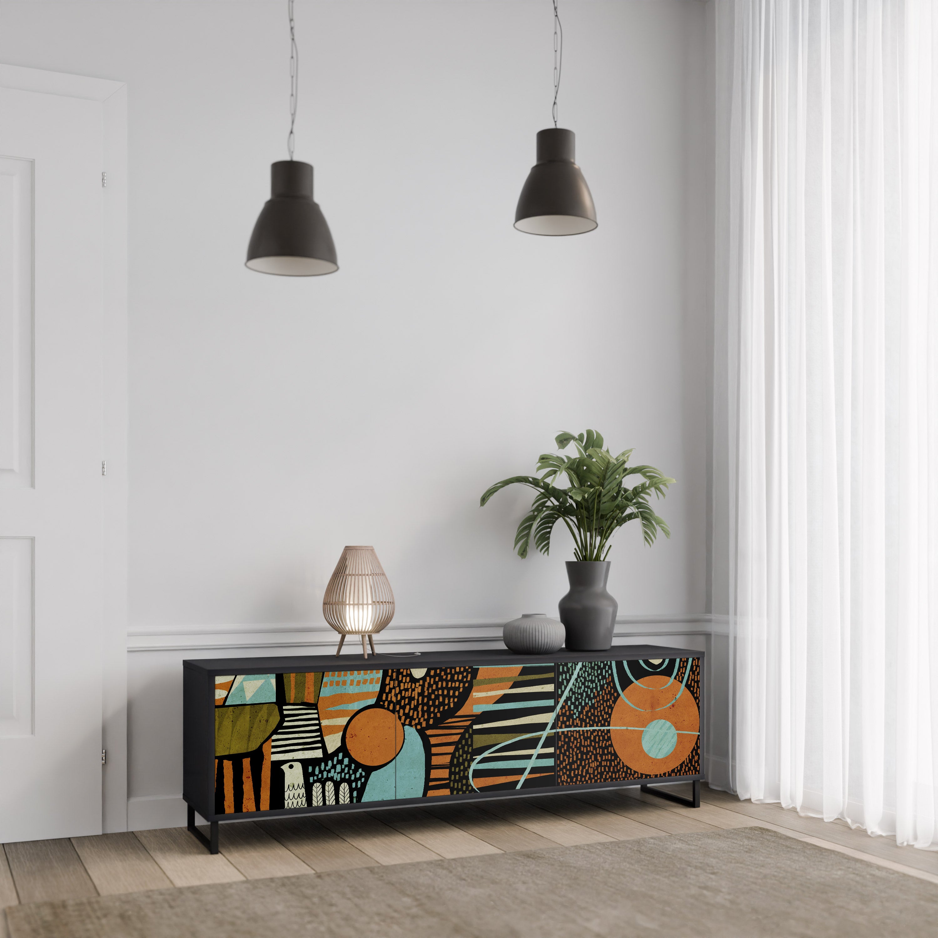 Mueble de TV de 3 puertas GEODE GLIMMER en acabado negro