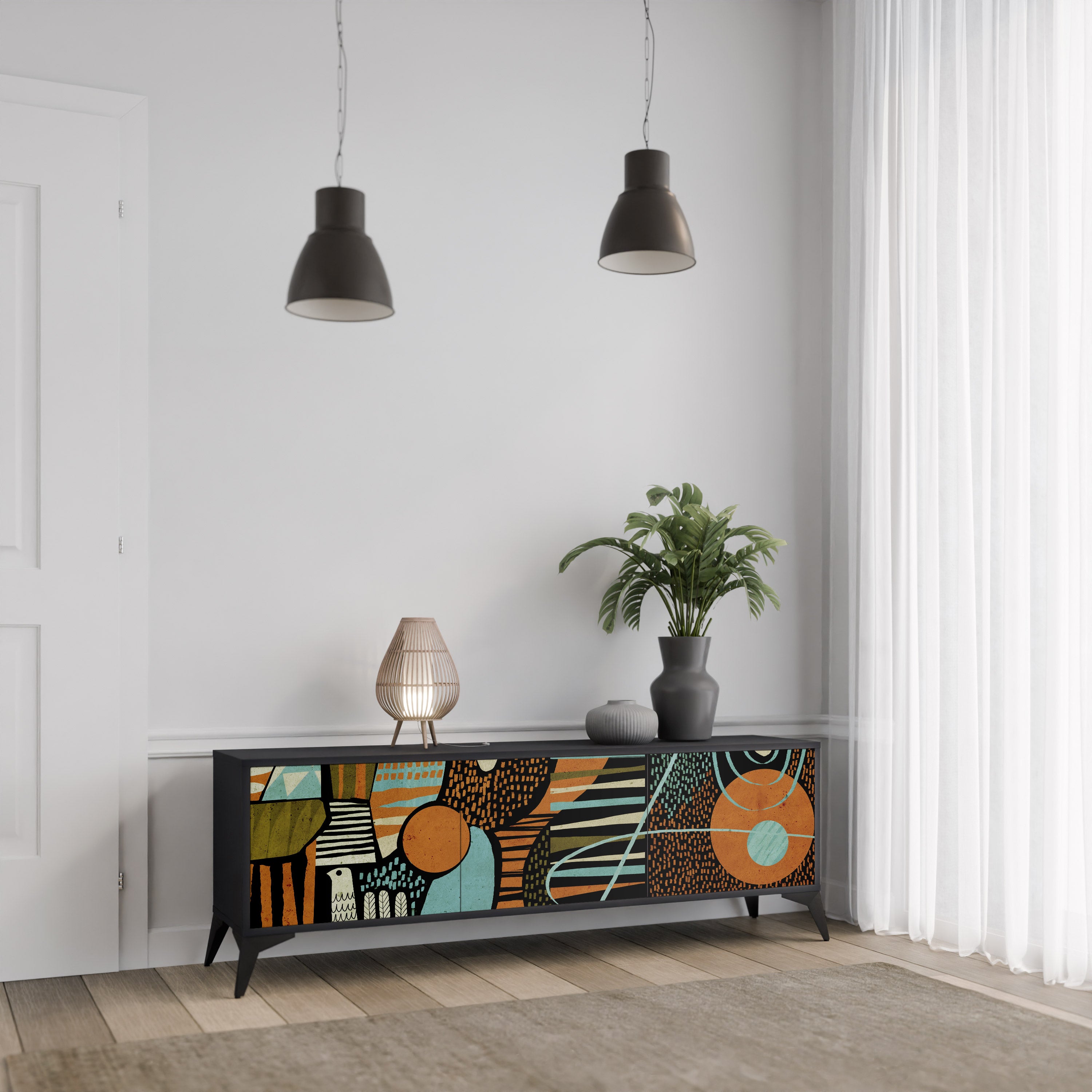 Mueble de TV de 3 puertas GEODE GLIMMER en acabado negro