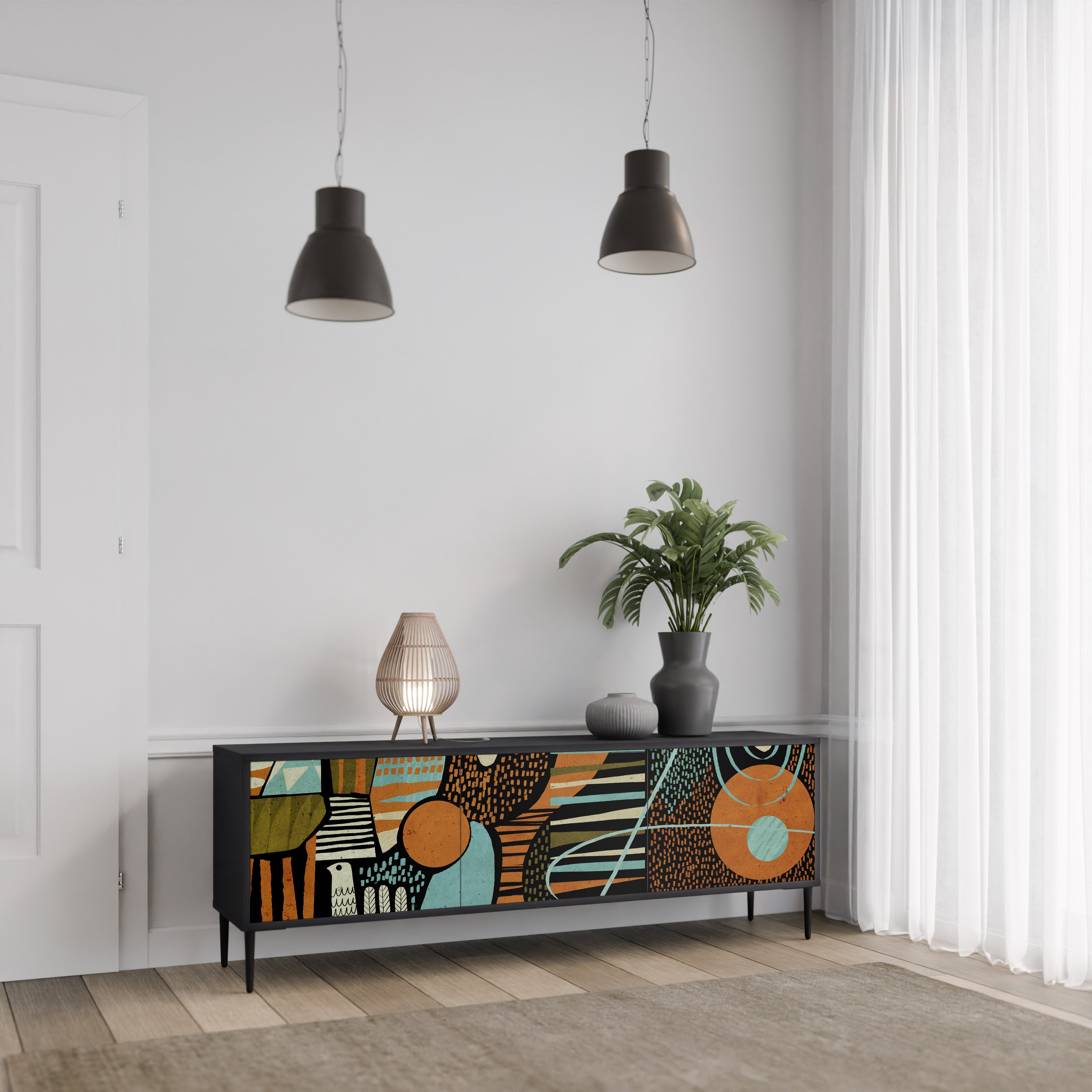 Mueble de TV de 3 puertas GEODE GLIMMER en acabado negro