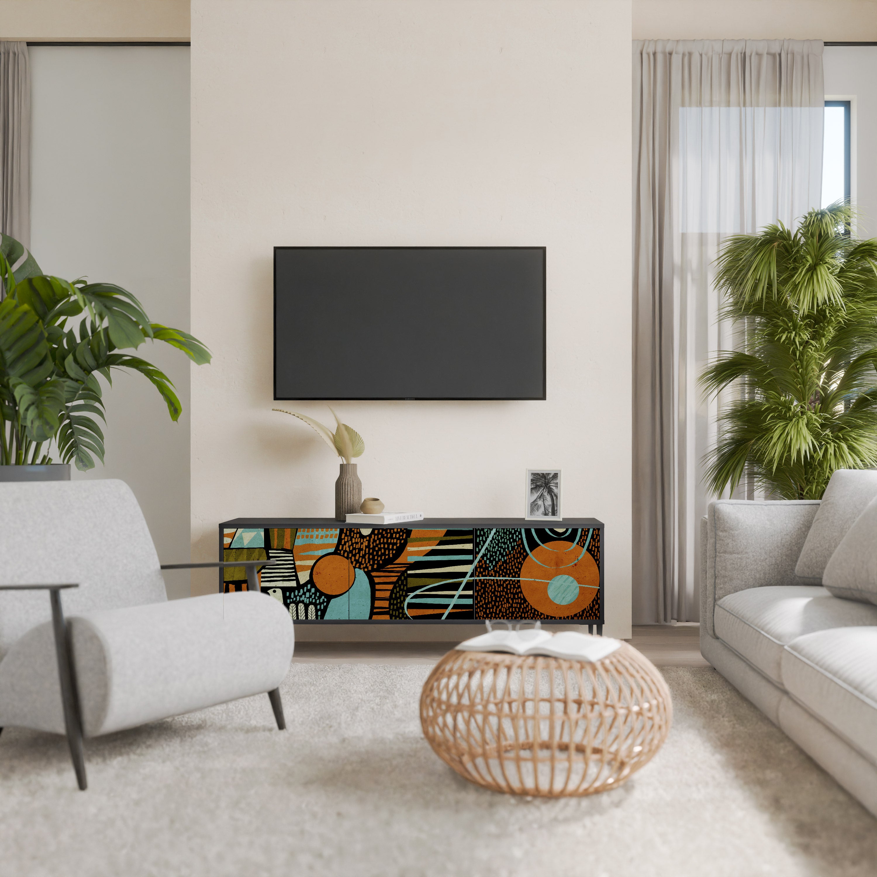 Mueble de TV de 3 puertas GEODE GLIMMER en acabado negro