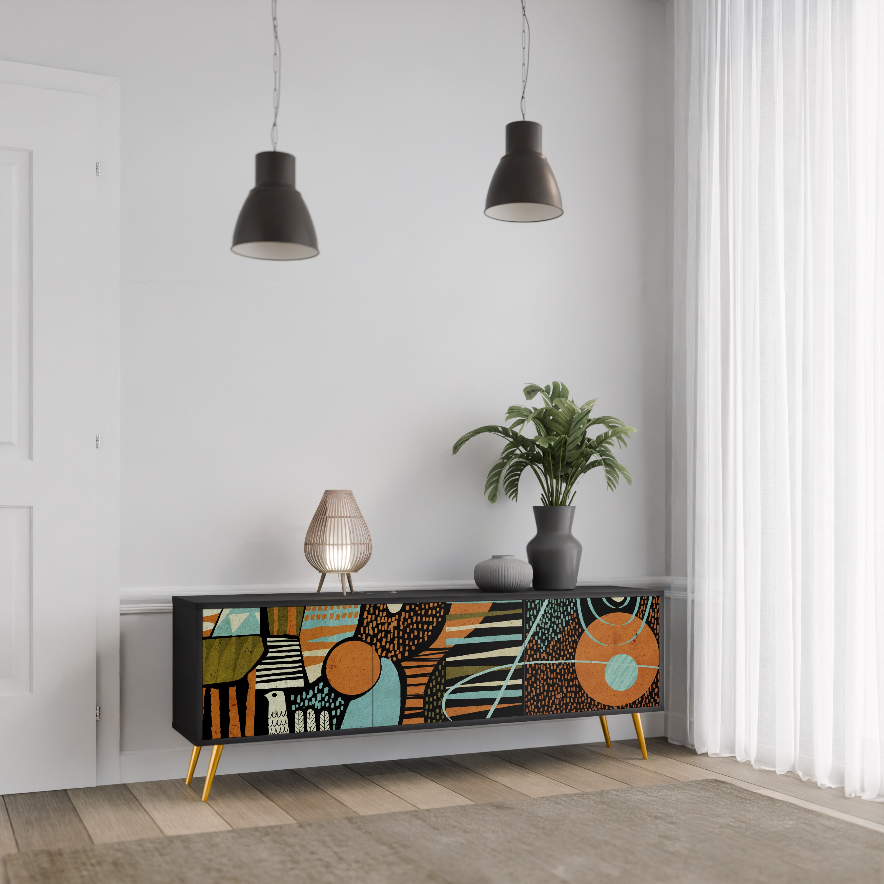 Mueble de TV de 3 puertas GEODE GLIMMER en acabado negro