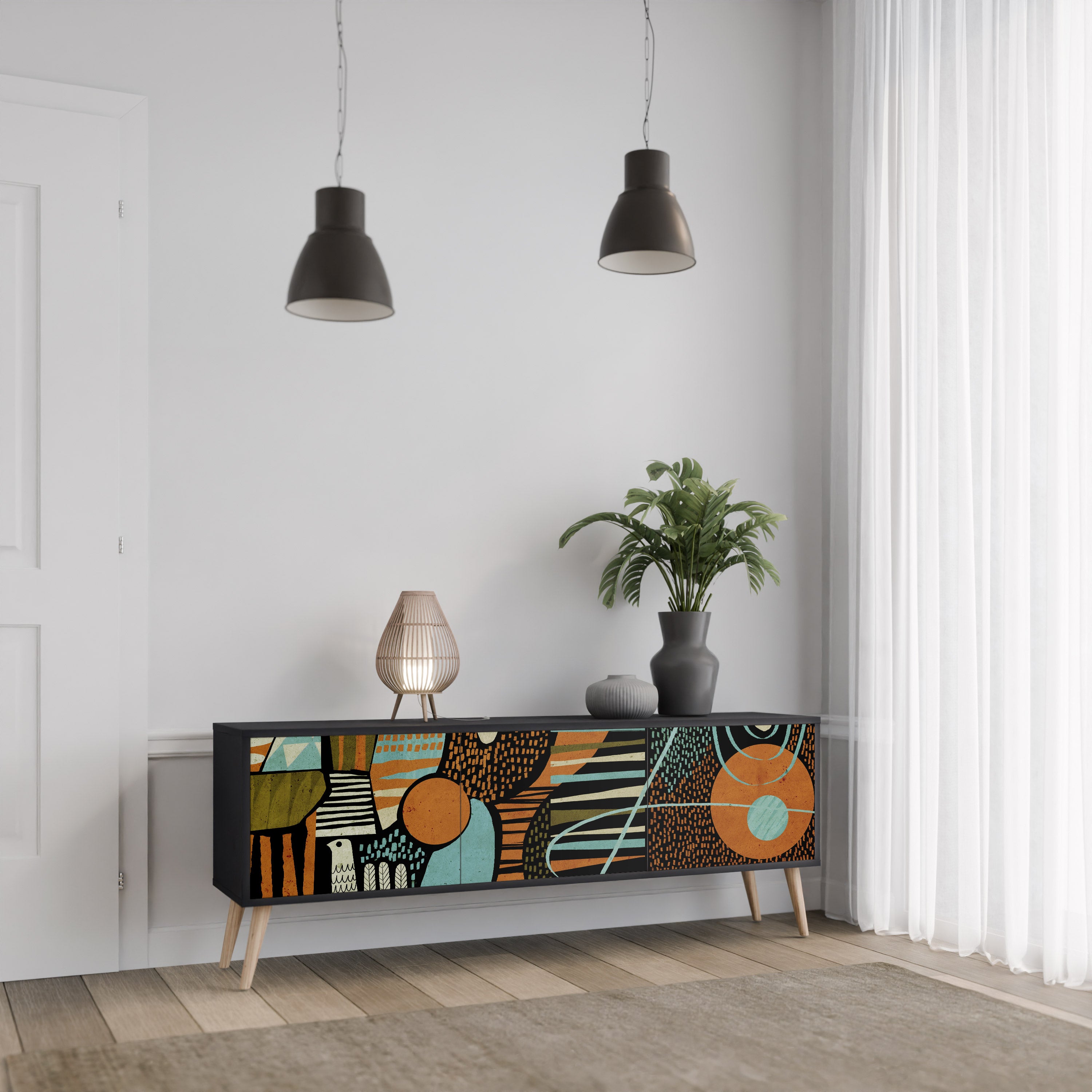 Mueble de TV de 3 puertas GEODE GLIMMER en acabado negro