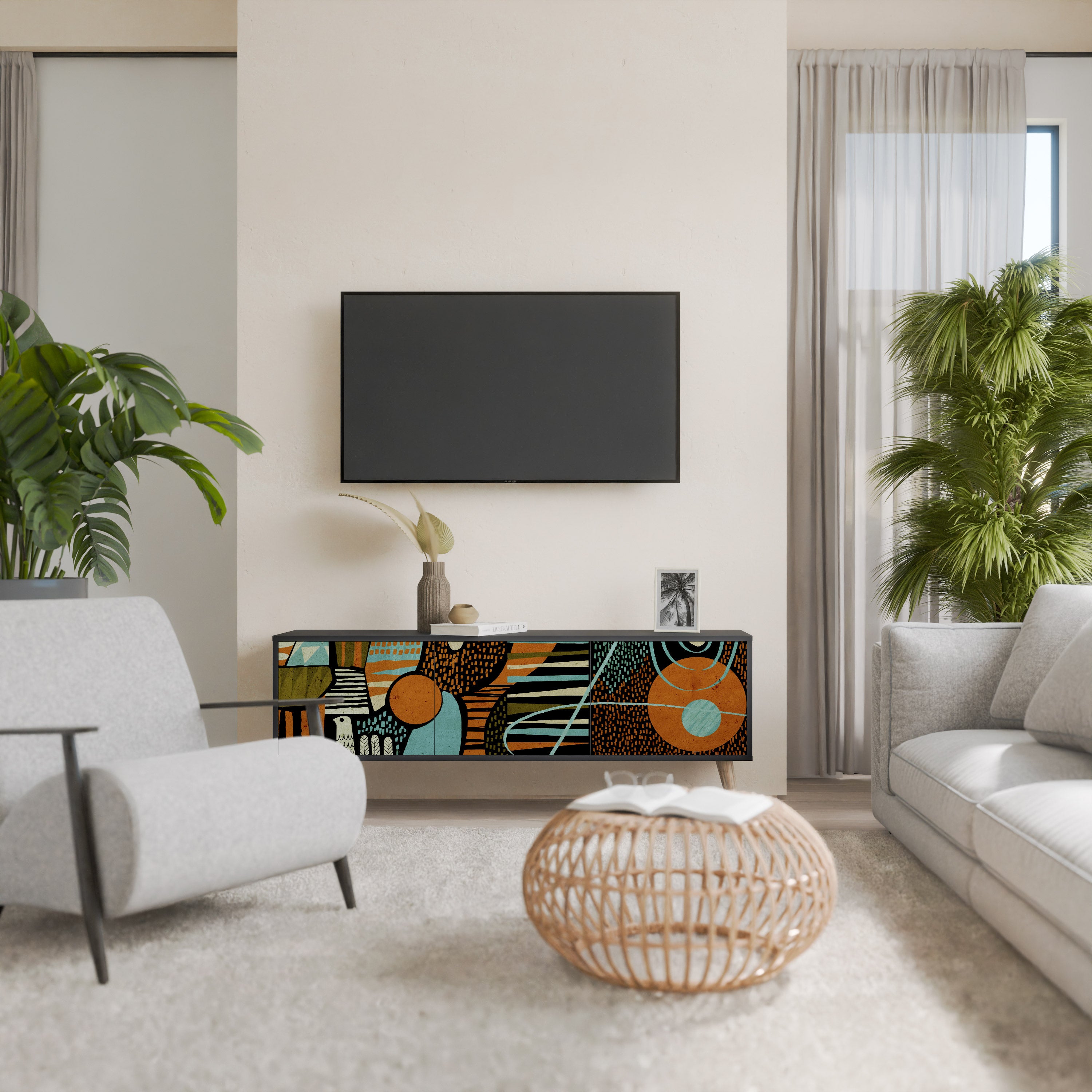 Mueble de TV de 3 puertas GEODE GLIMMER en acabado negro