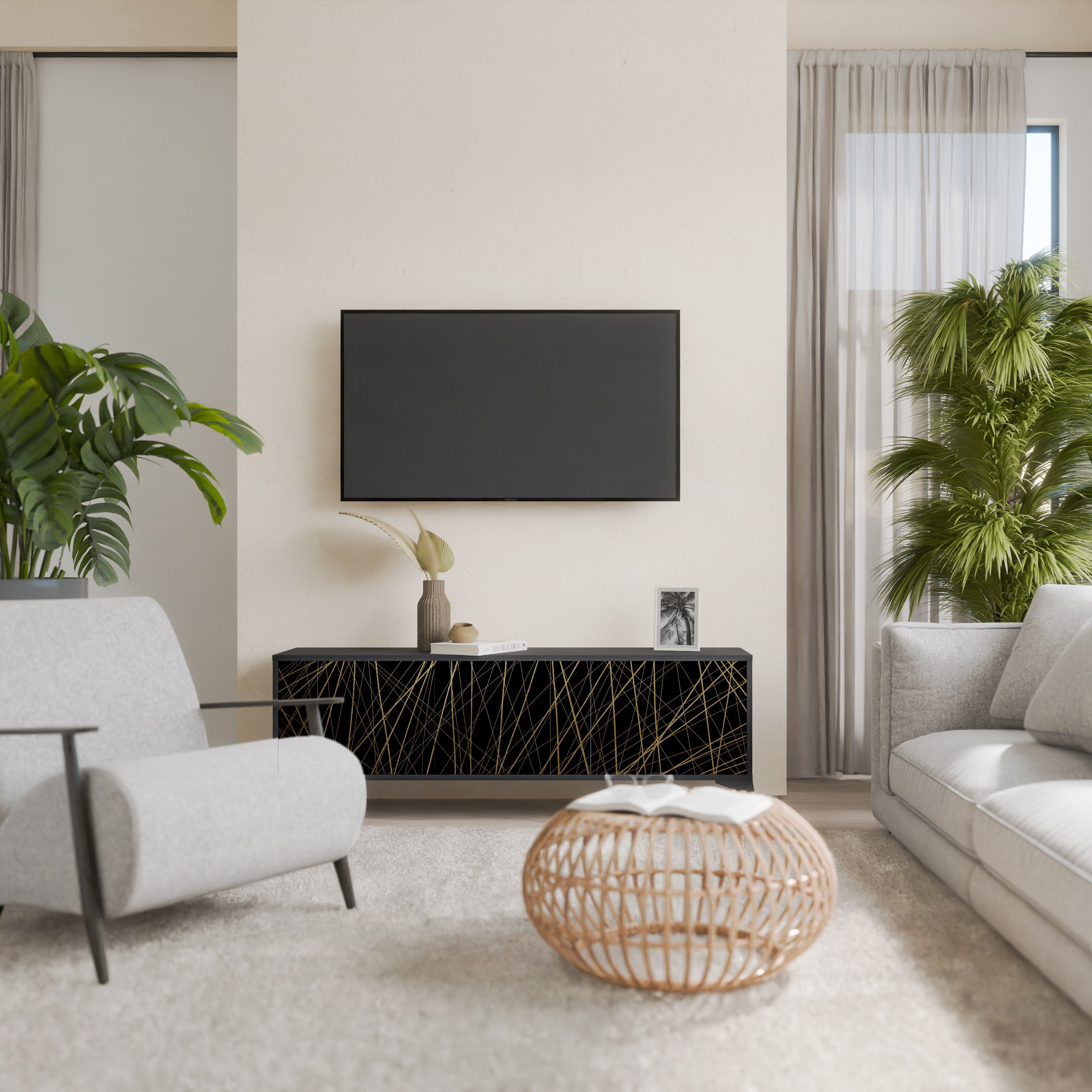 Mueble para TV de 3 puertas BRIGHT MESH con acabado negro