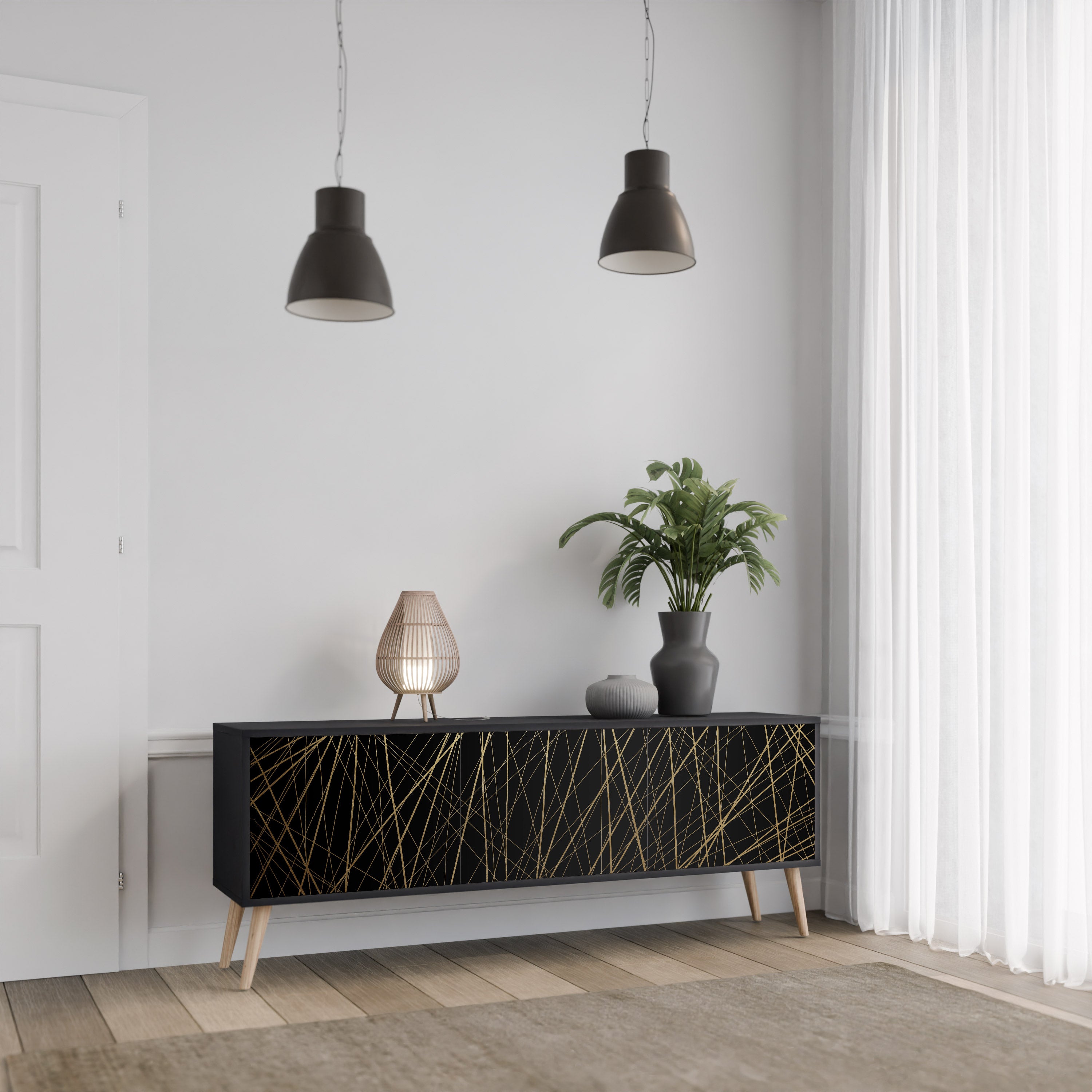 Mueble para TV de 3 puertas BRIGHT MESH con acabado negro