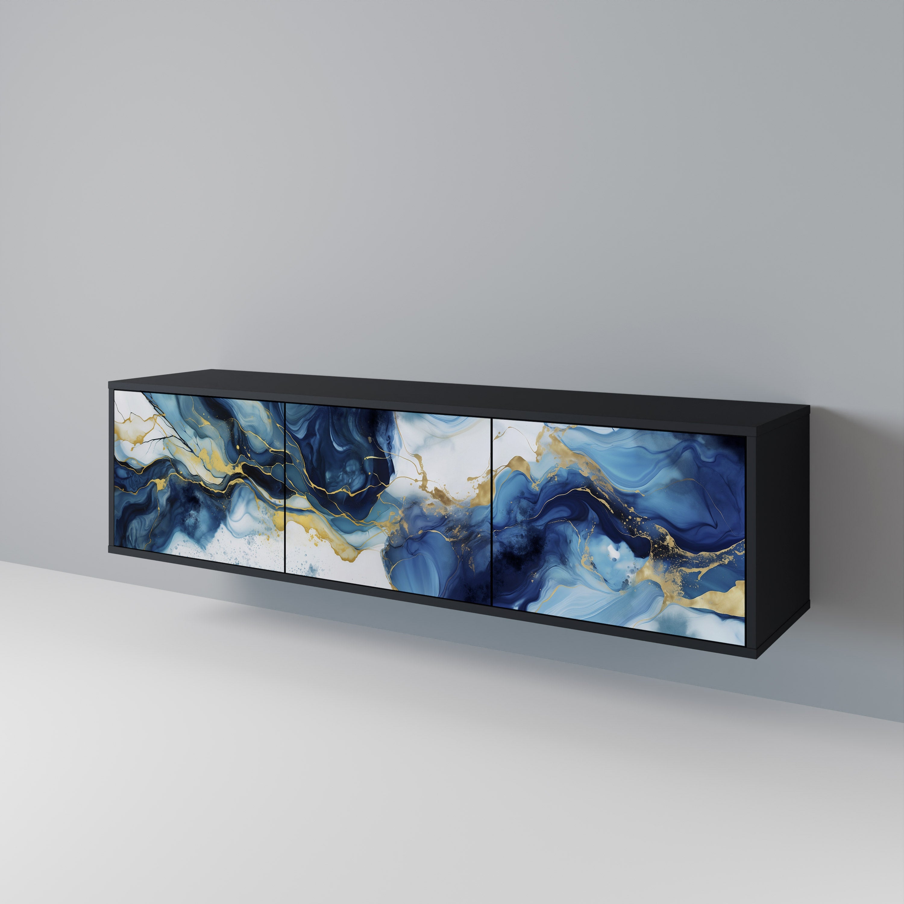 Mueble de TV de 3 puertas INKY MARBLE con acabado negro