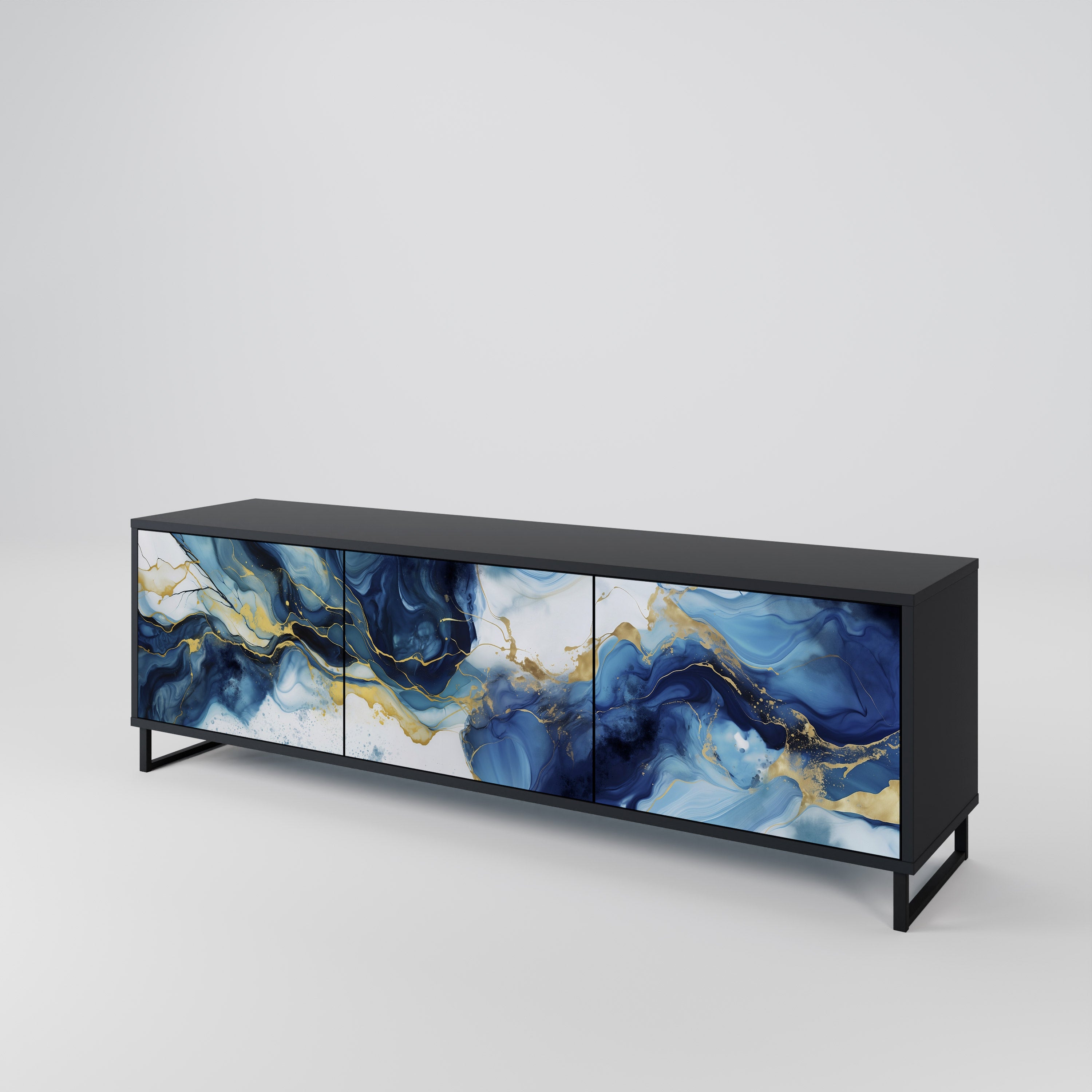 Mueble de TV de 3 puertas INKY MARBLE con acabado negro