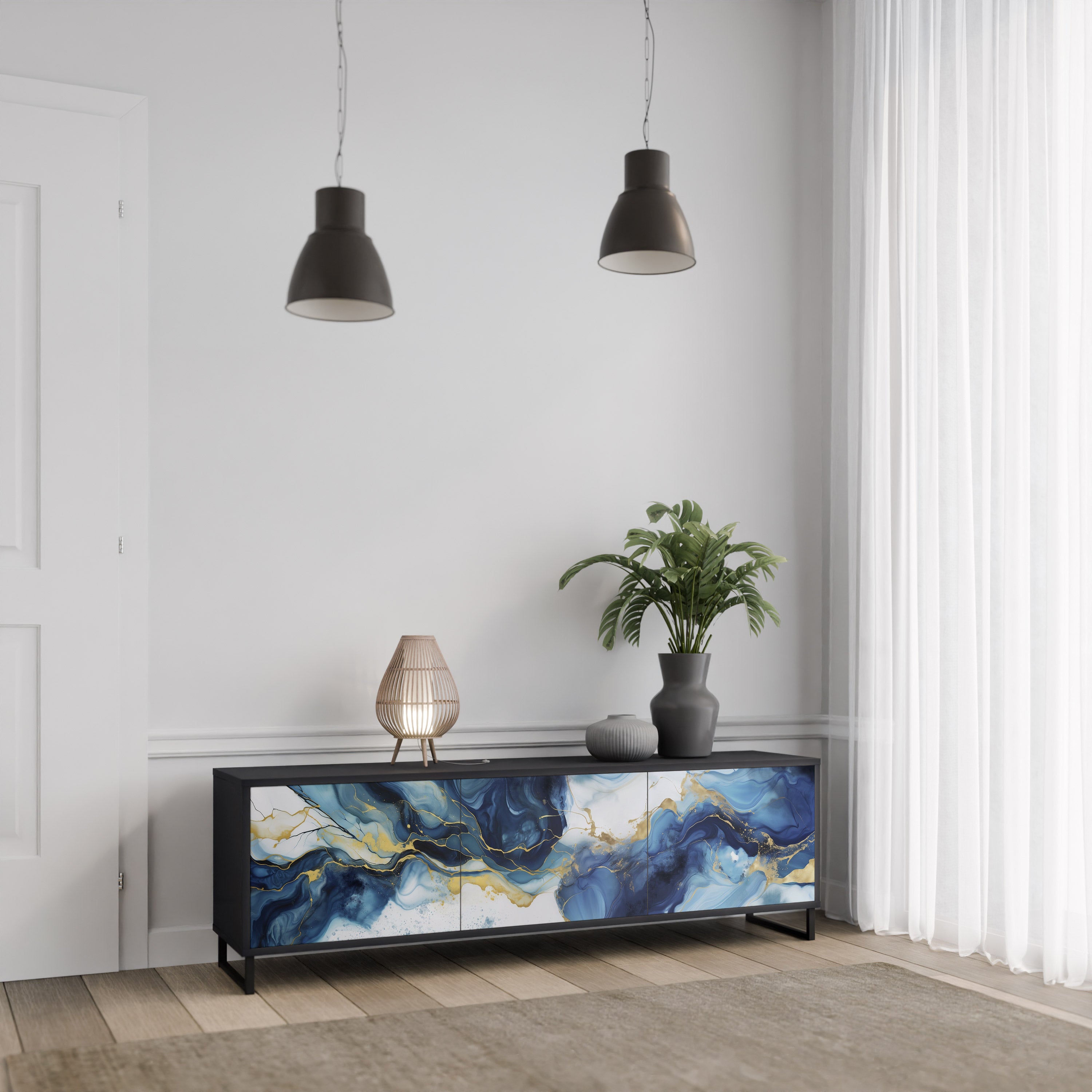 Mueble de TV de 3 puertas INKY MARBLE con acabado negro