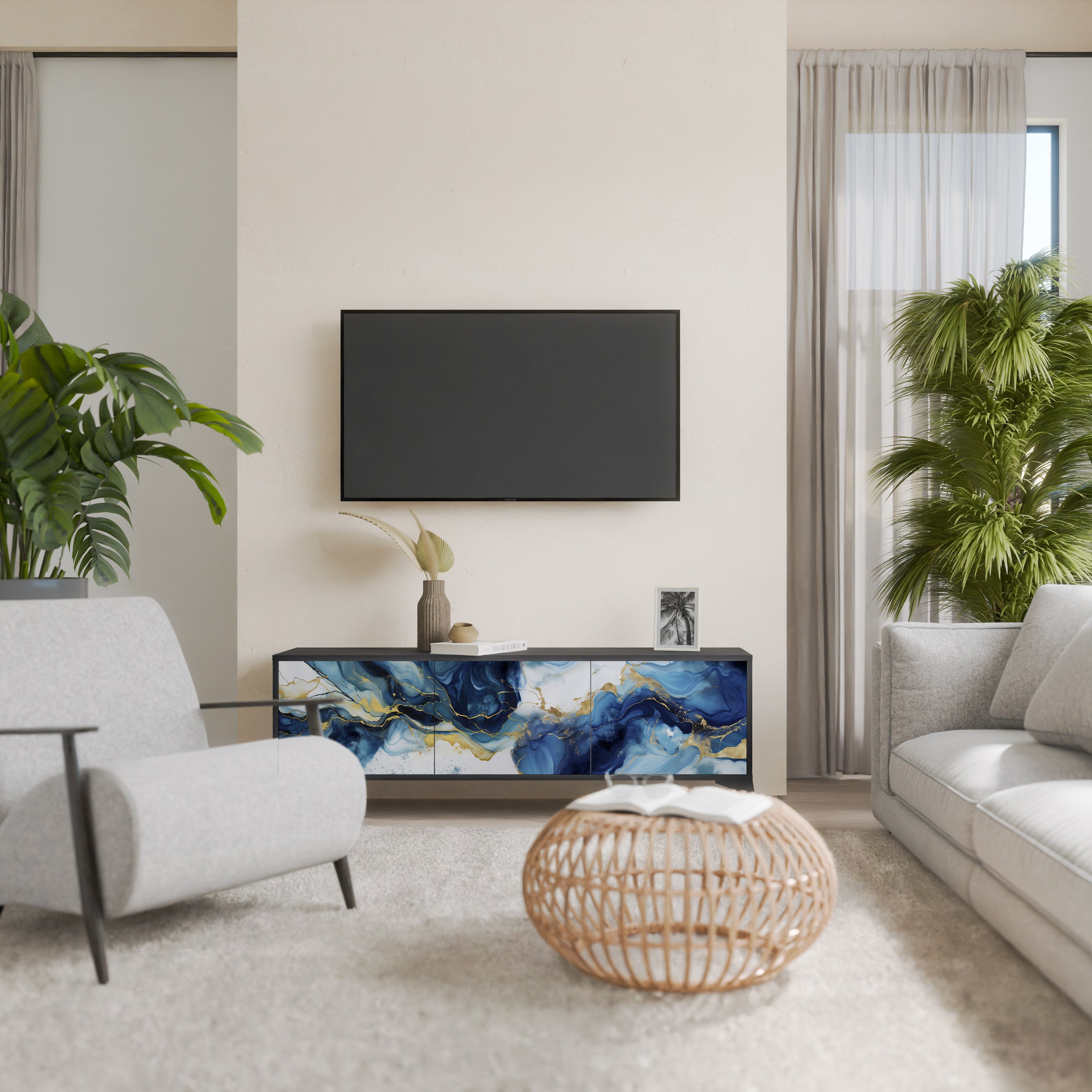 Mueble de TV de 3 puertas INKY MARBLE con acabado negro