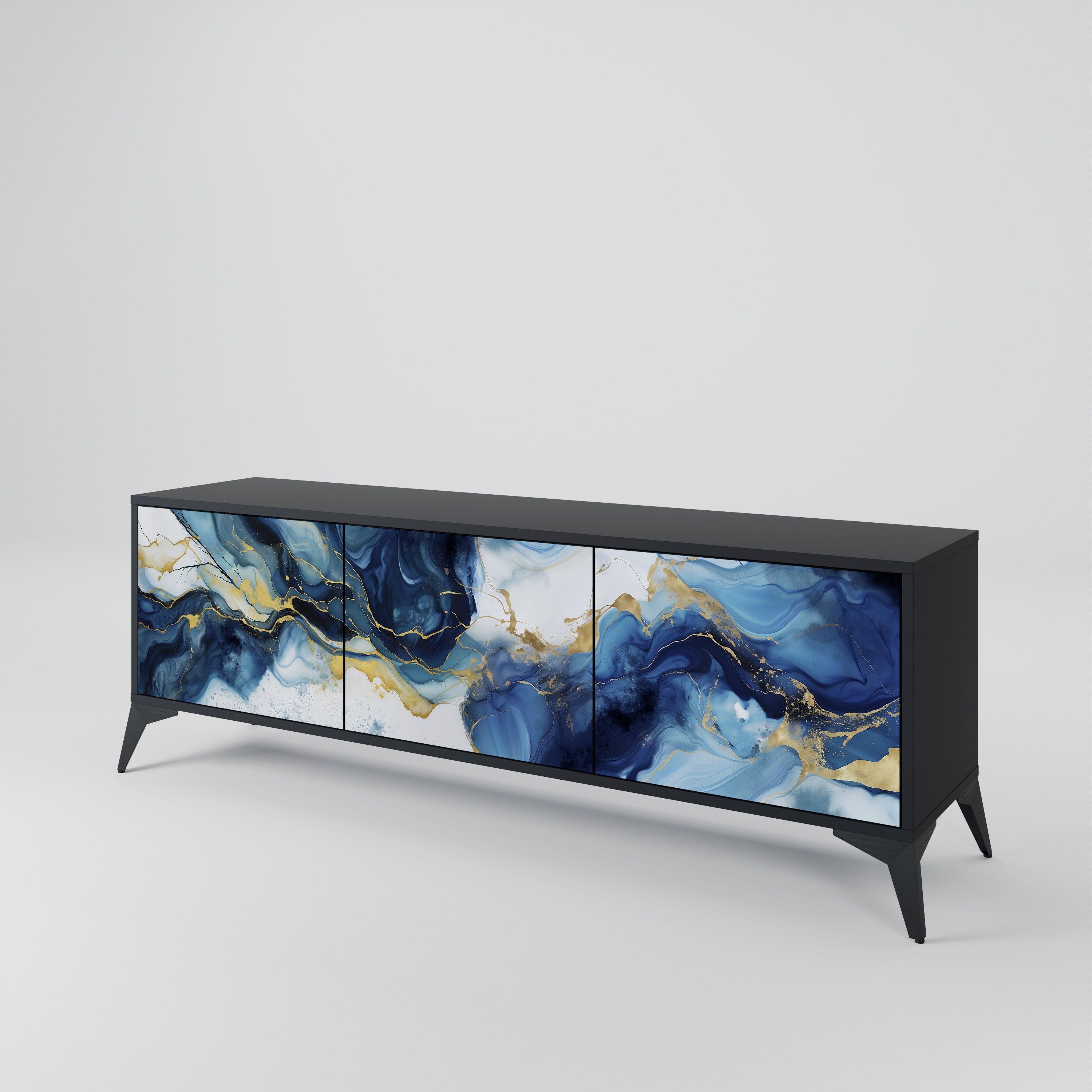 Mueble de TV de 3 puertas INKY MARBLE con acabado negro