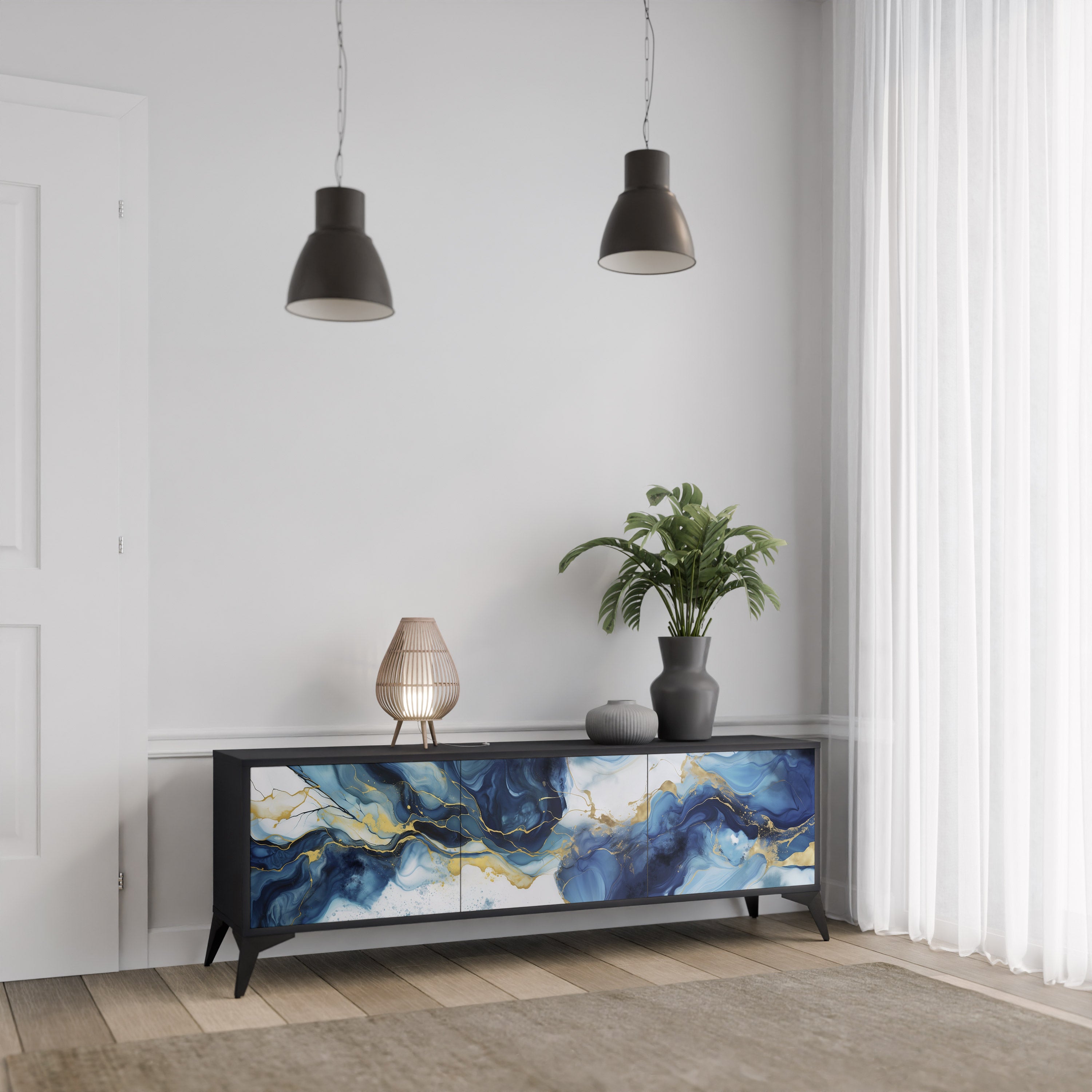Mueble de TV de 3 puertas INKY MARBLE con acabado negro