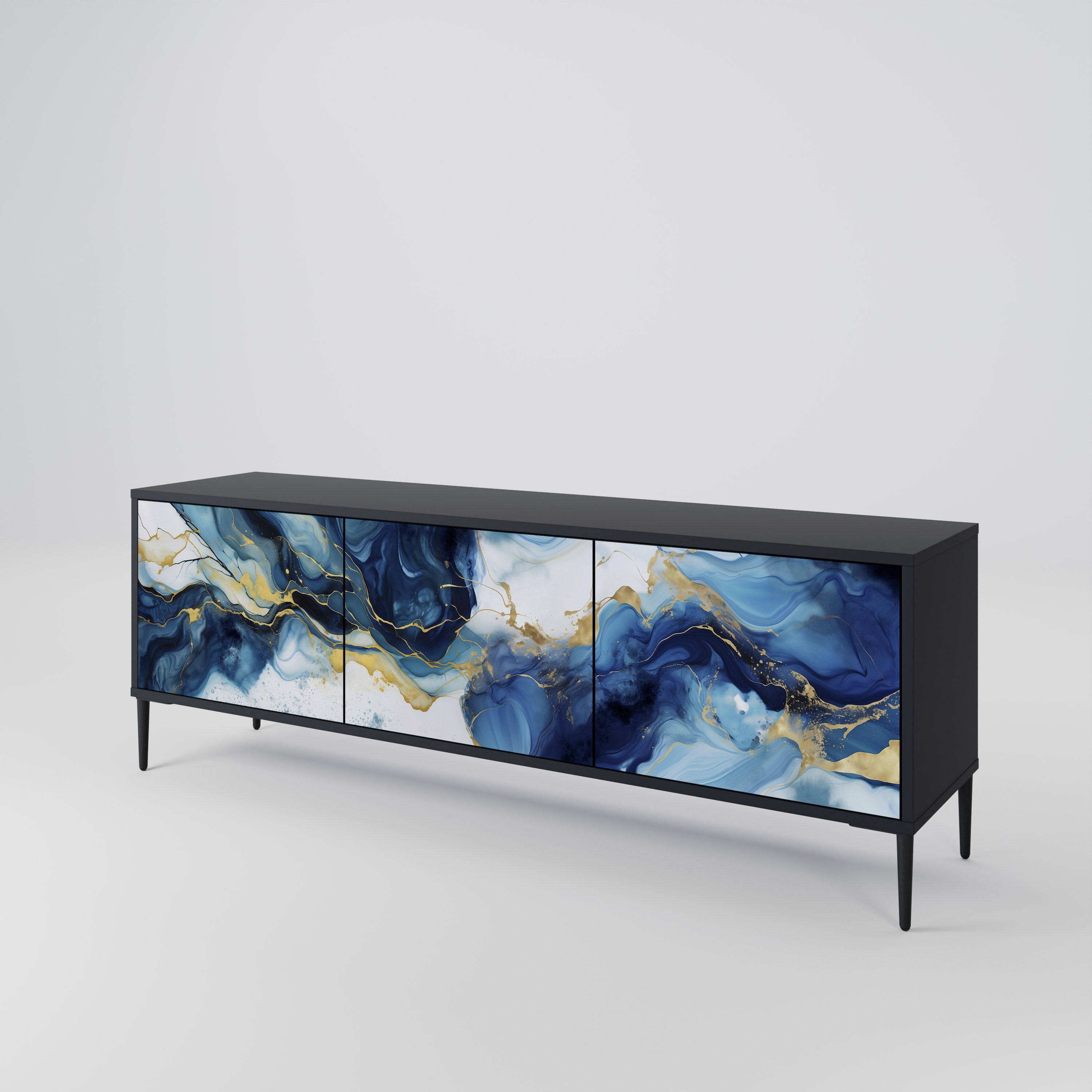 Mueble de TV de 3 puertas INKY MARBLE con acabado negro