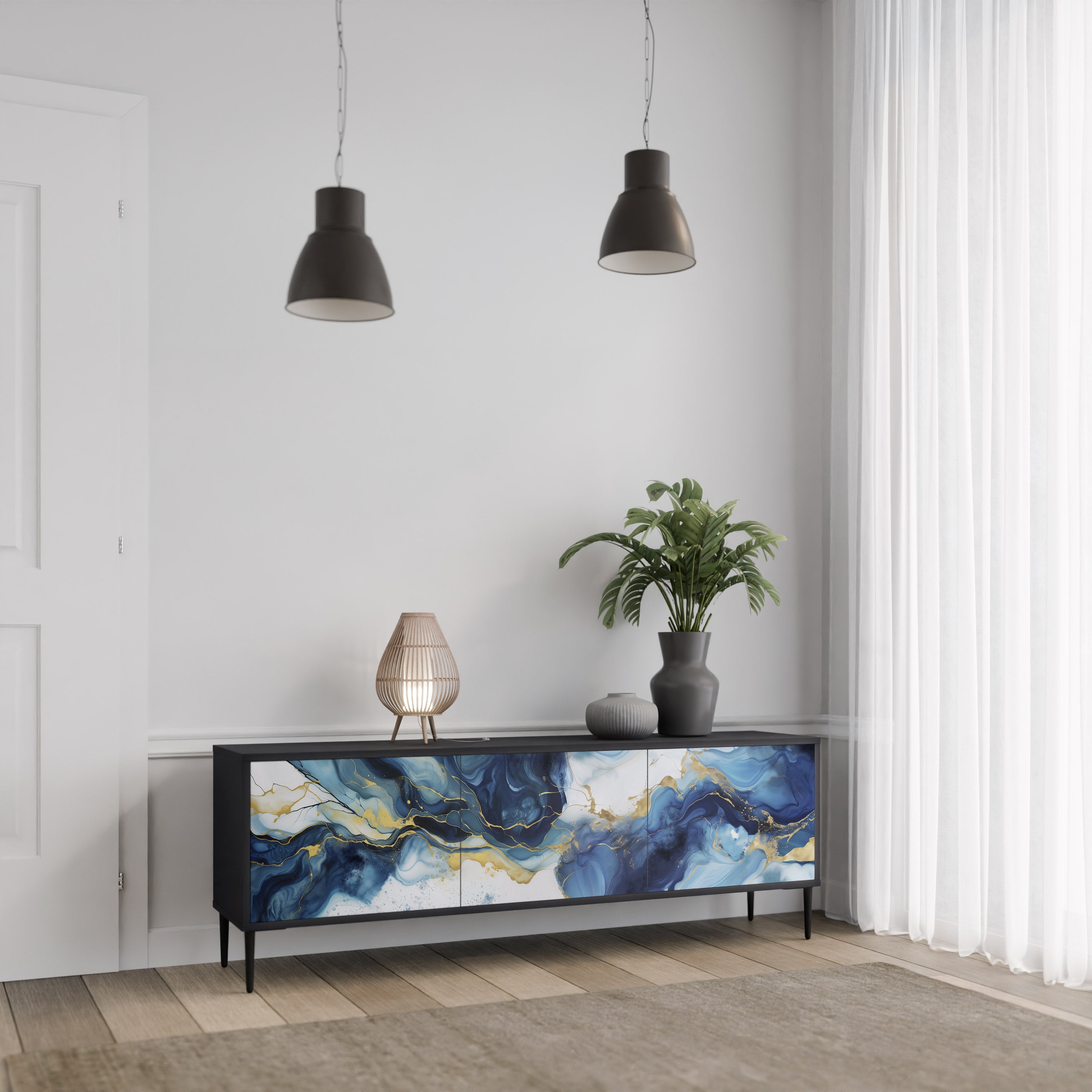 Mueble de TV de 3 puertas INKY MARBLE con acabado negro