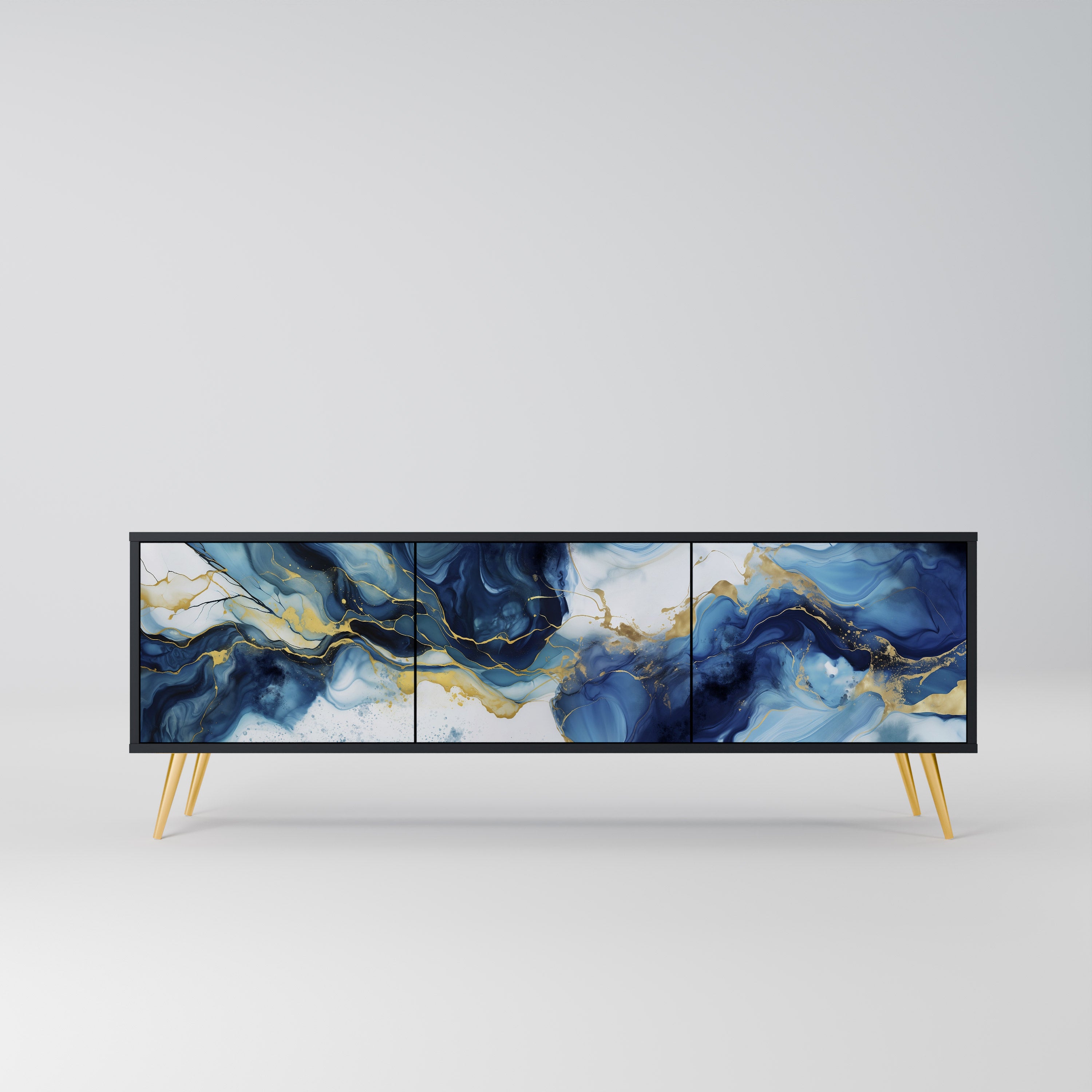 Mueble de TV de 3 puertas INKY MARBLE con acabado negro