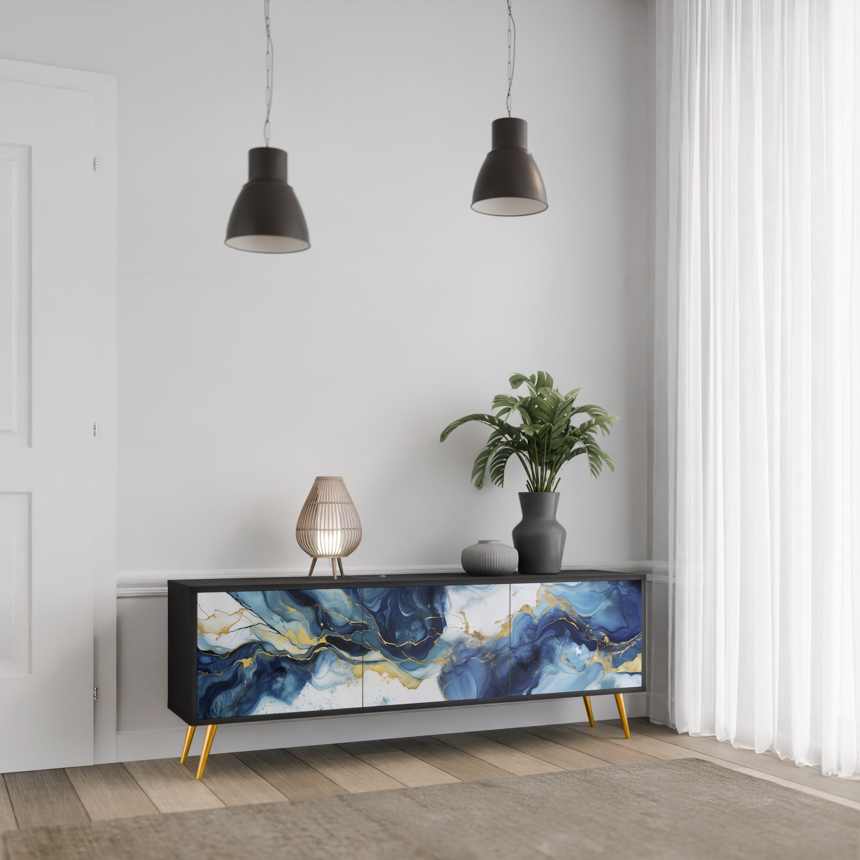Mueble de TV de 3 puertas INKY MARBLE con acabado negro