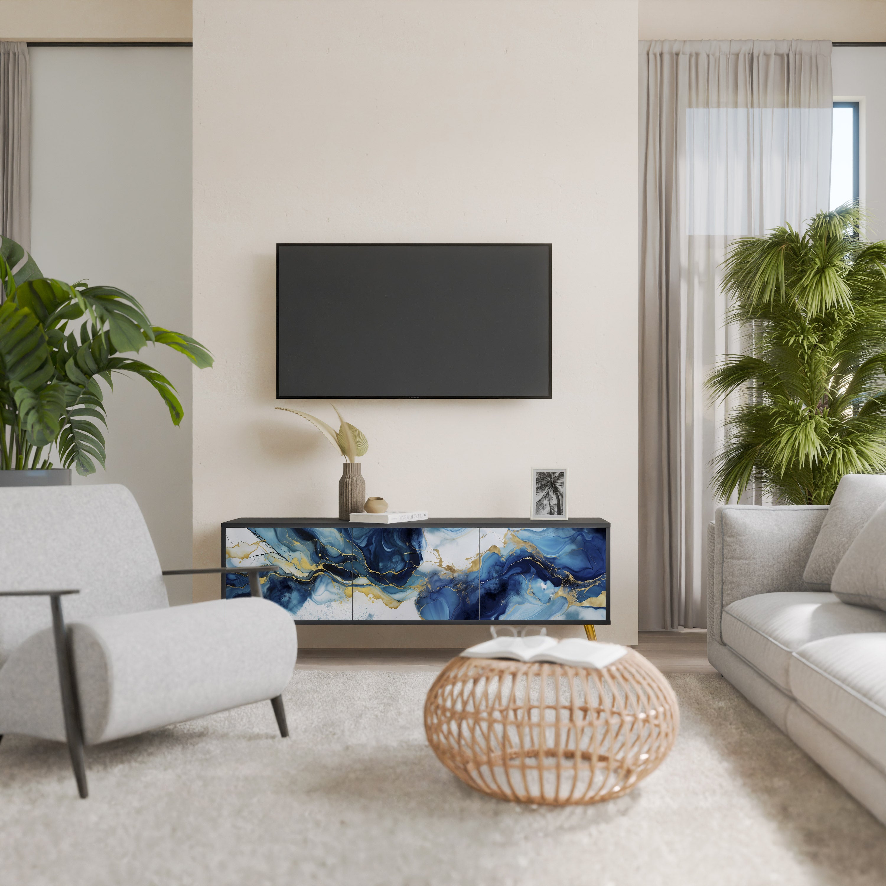 Mueble de TV de 3 puertas INKY MARBLE con acabado negro