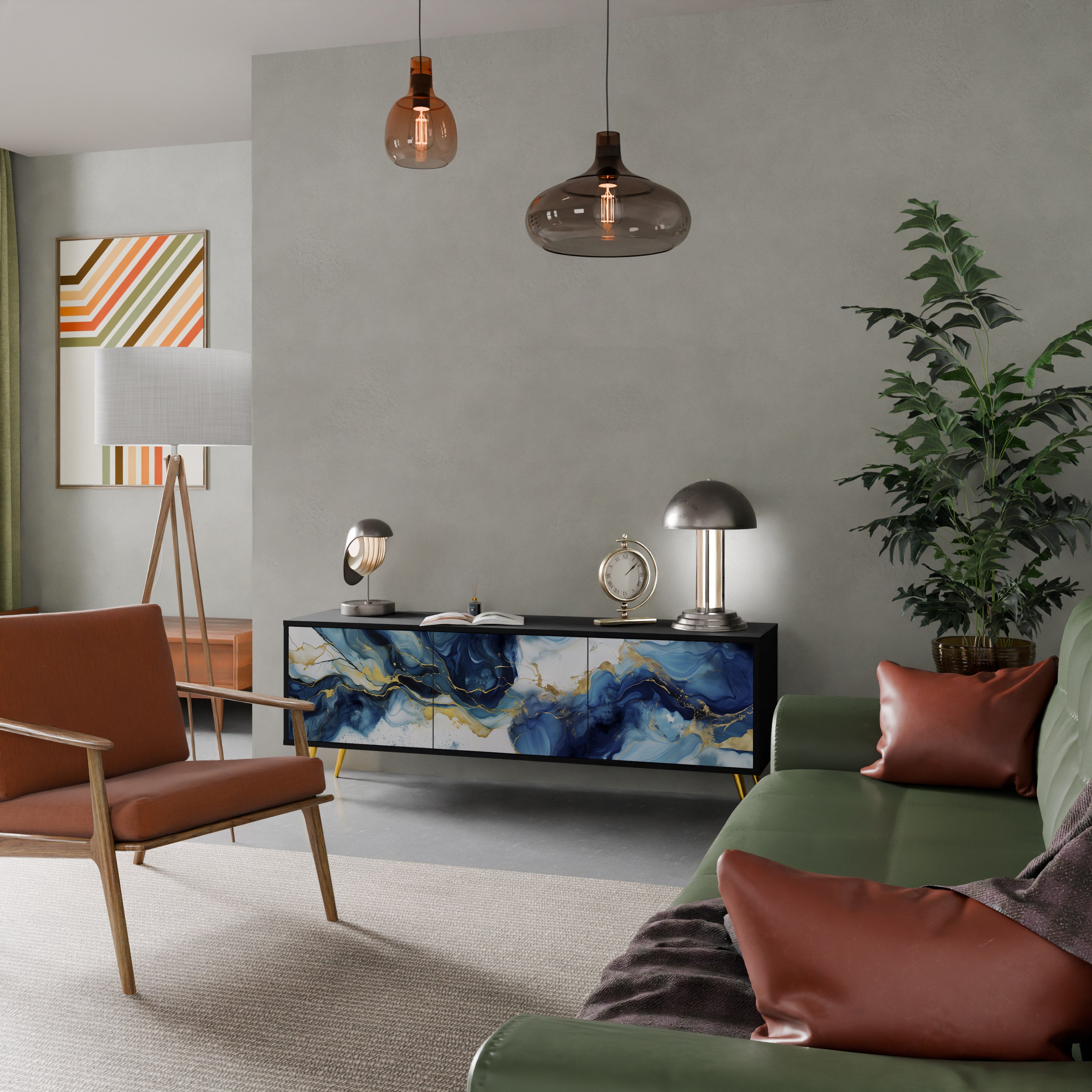 Mueble de TV de 3 puertas INKY MARBLE con acabado negro