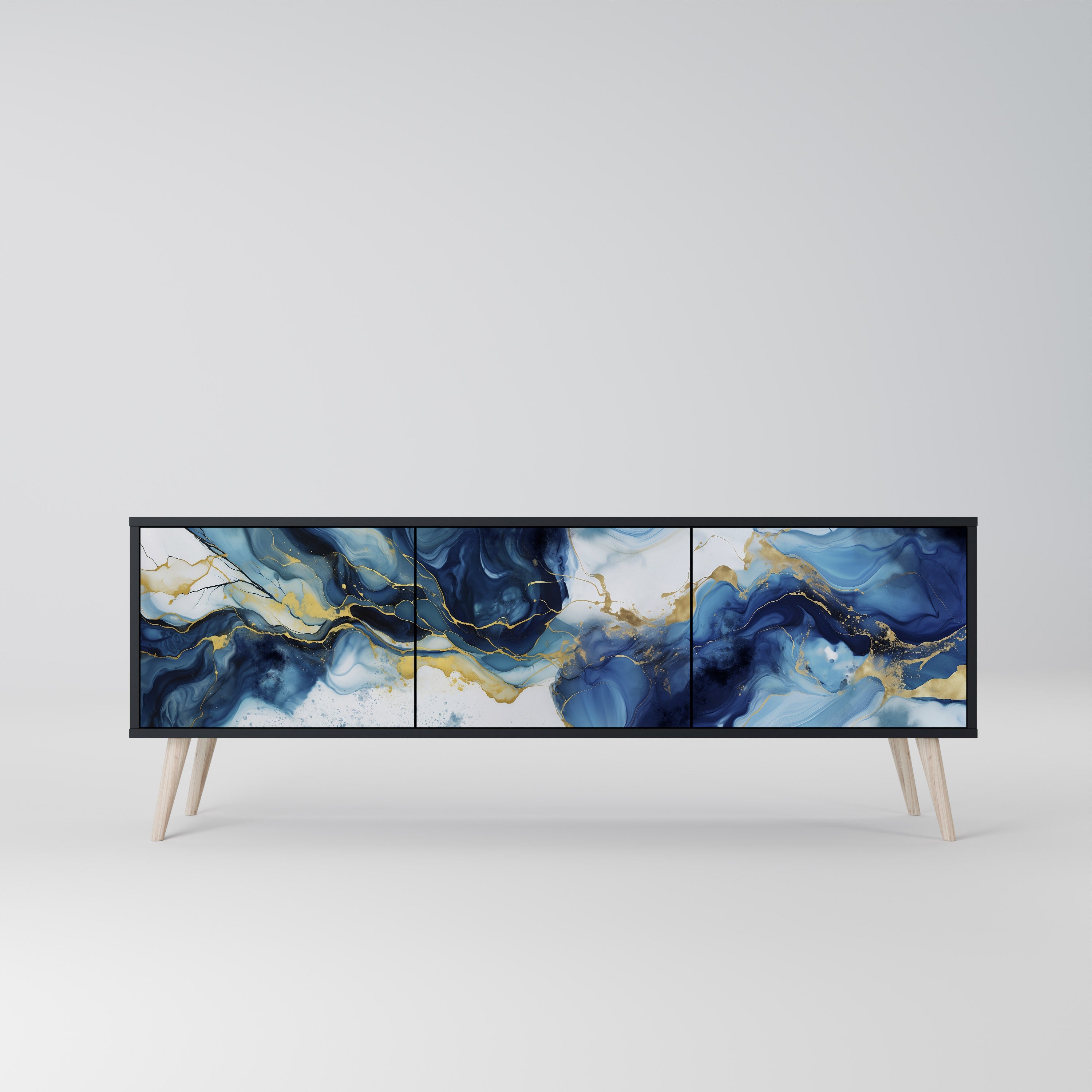 Mueble de TV de 3 puertas INKY MARBLE con acabado negro