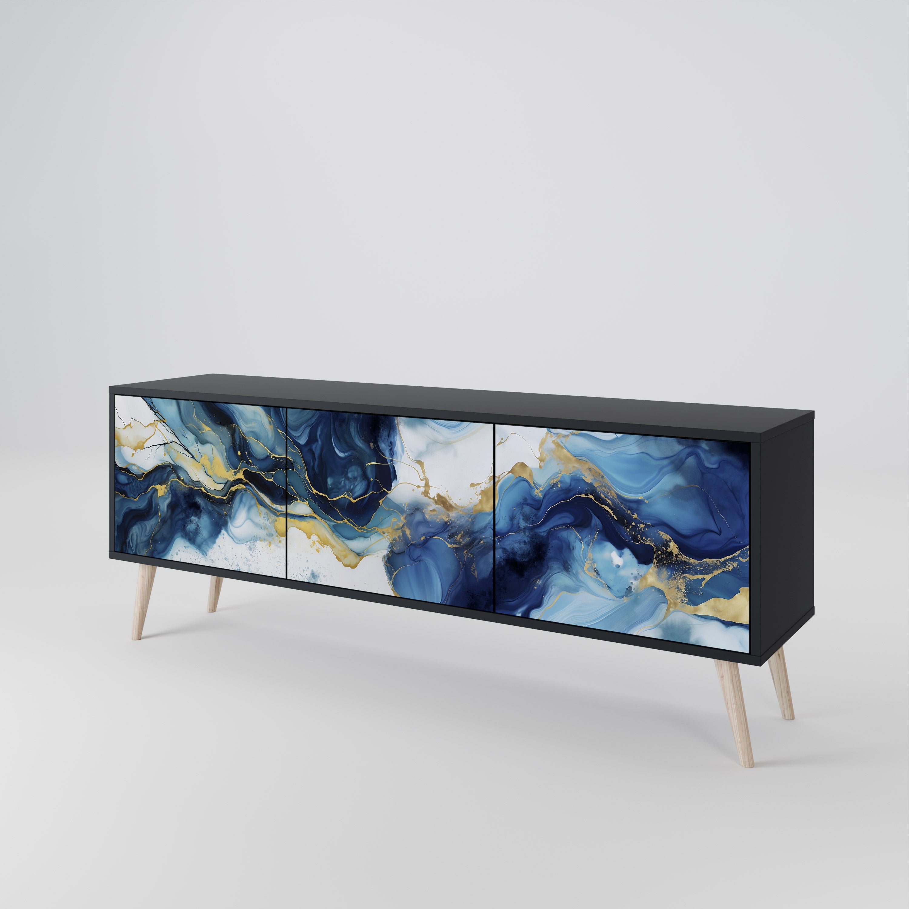 Mueble de TV de 3 puertas INKY MARBLE con acabado negro