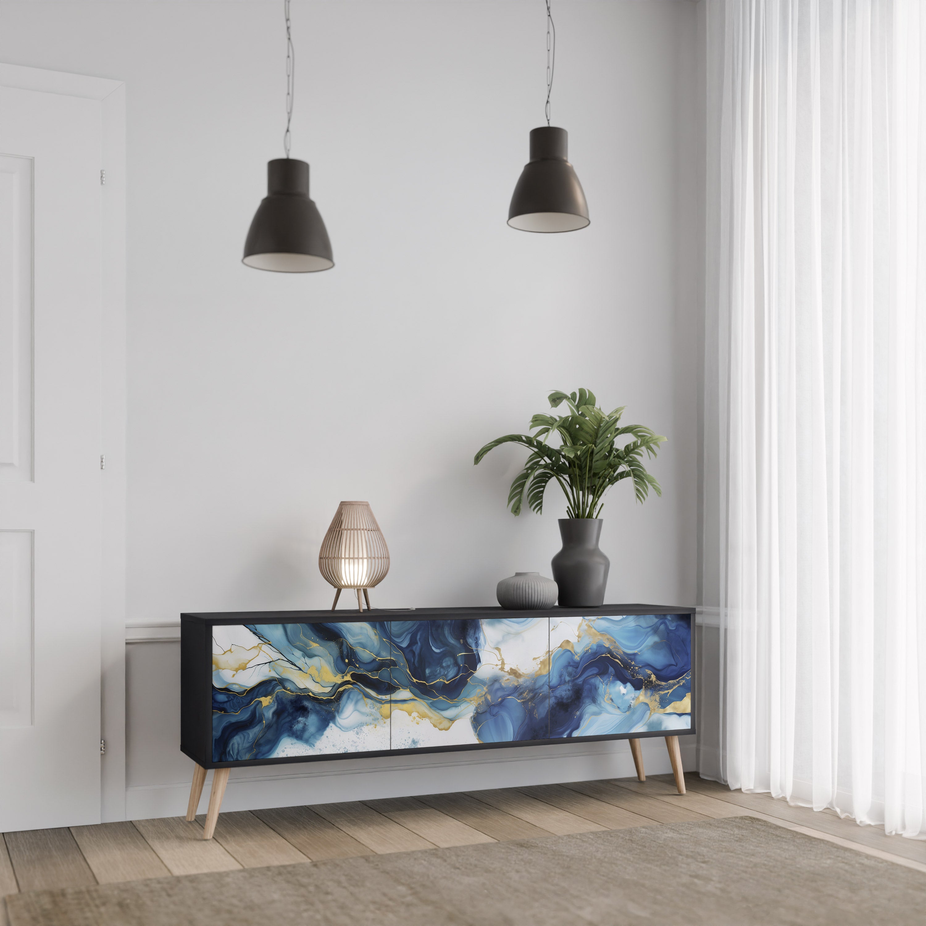 Mueble de TV de 3 puertas INKY MARBLE con acabado negro