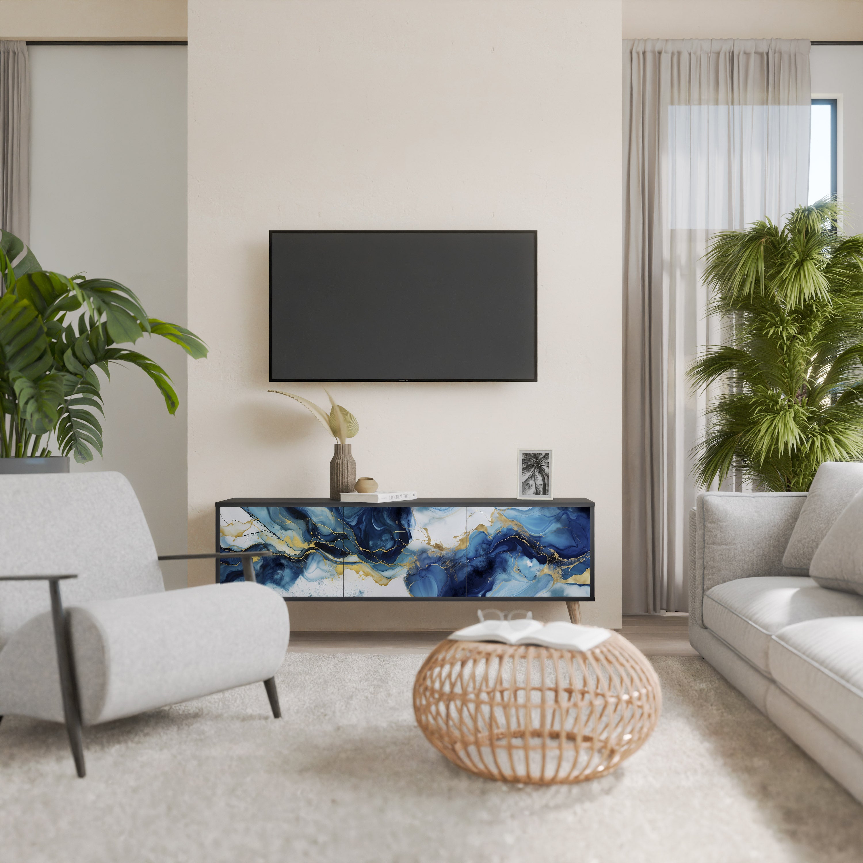 Mueble de TV de 3 puertas INKY MARBLE con acabado negro