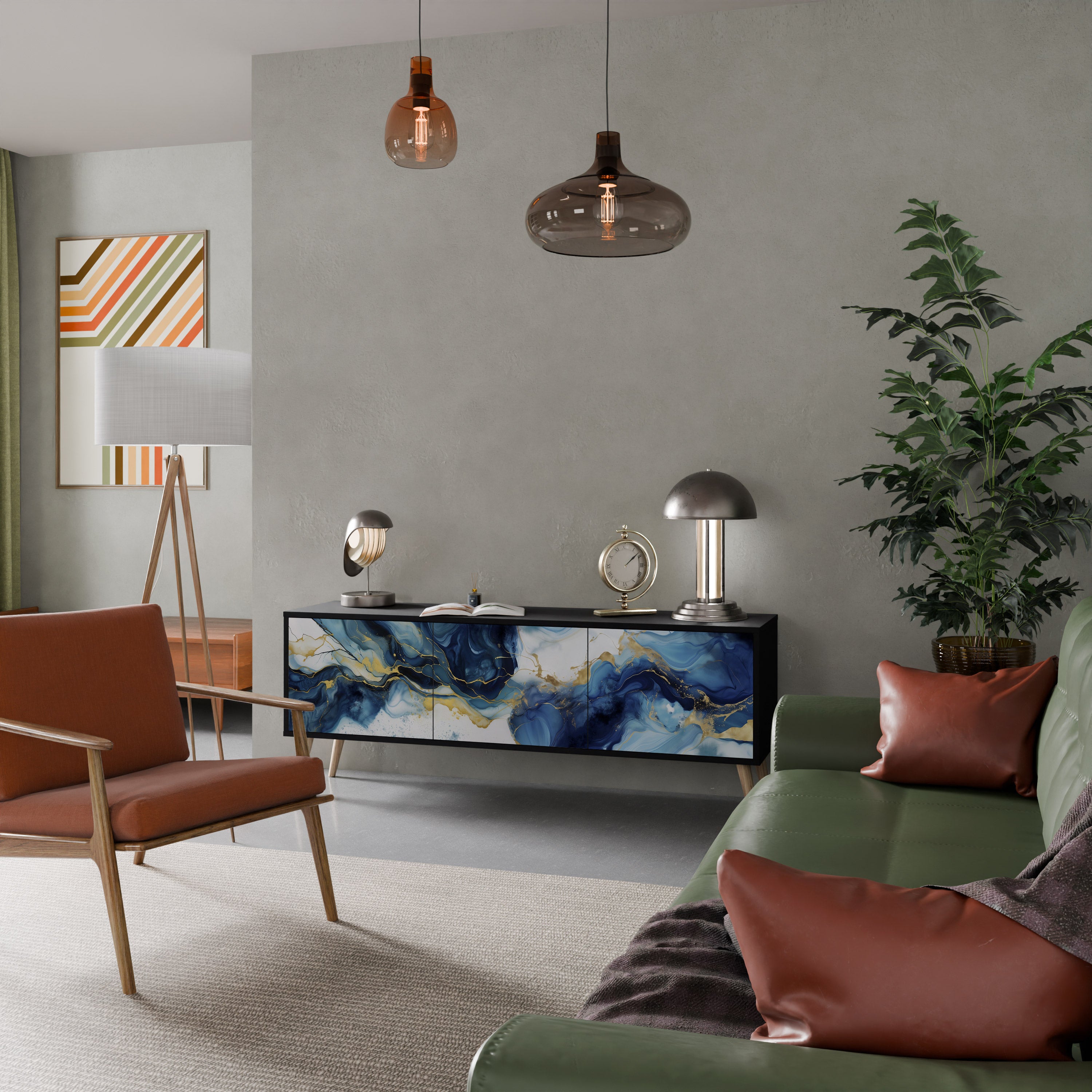 Mueble de TV de 3 puertas INKY MARBLE con acabado negro