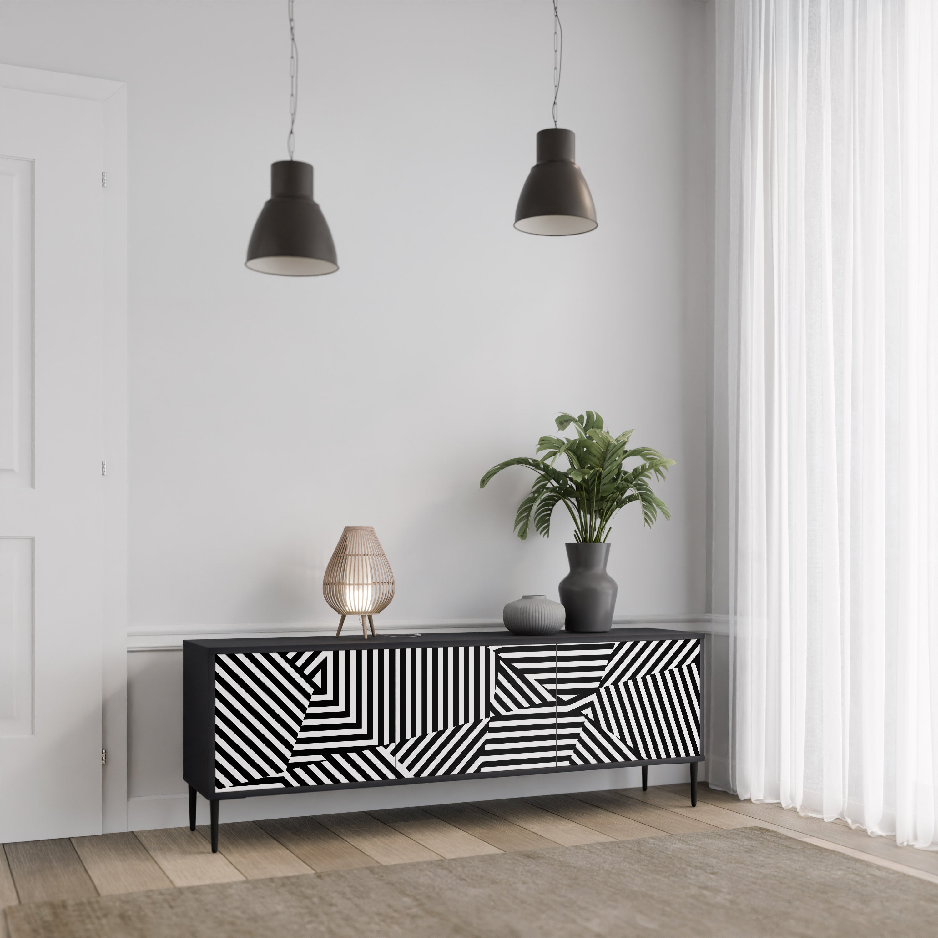 Mueble de TV ILLUSIONARY LATTICE de 3 puertas con acabado negro