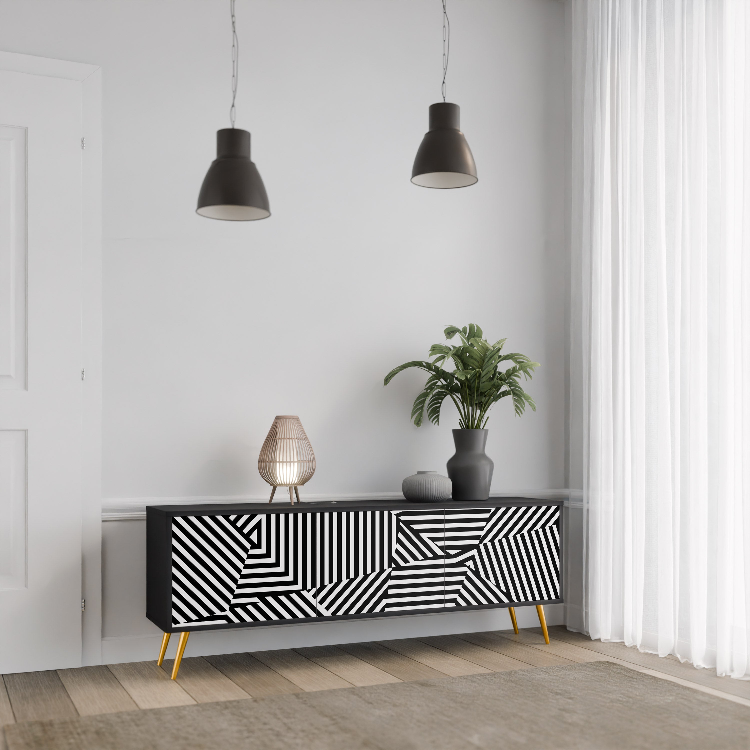 Mueble de TV ILLUSIONARY LATTICE de 3 puertas con acabado negro