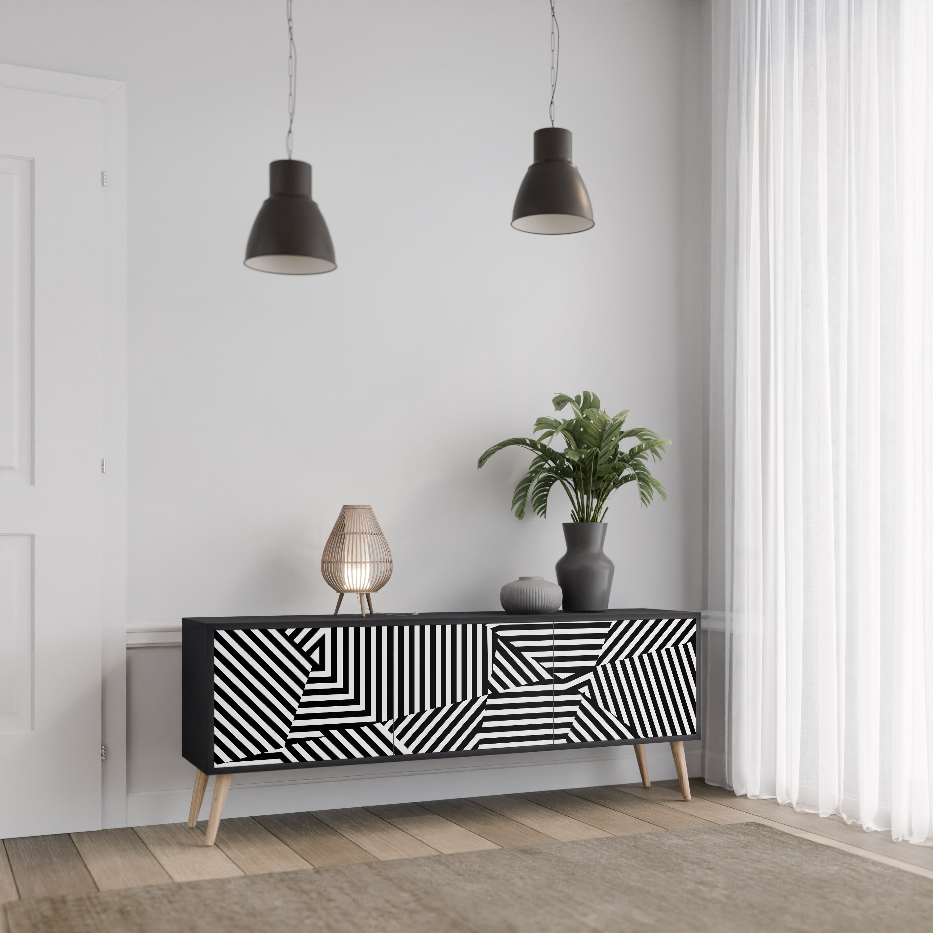 Mueble de TV ILLUSIONARY LATTICE de 3 puertas con acabado negro