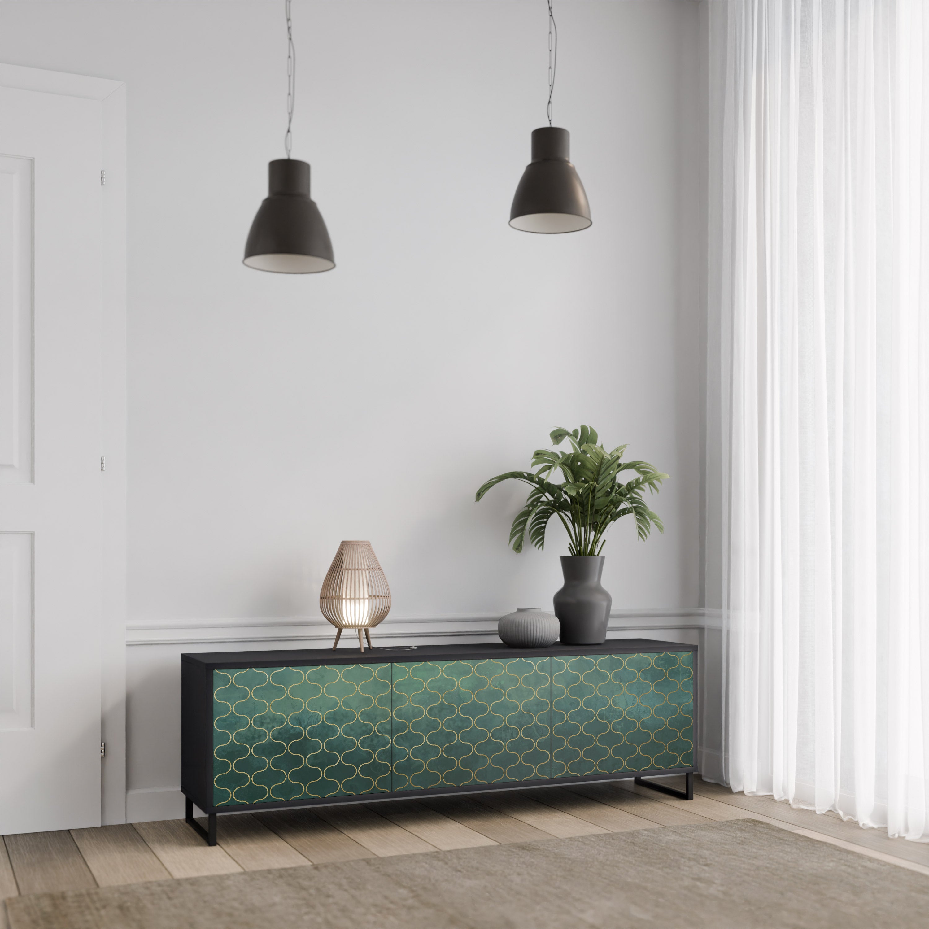Mueble de TV de 3 puertas TESSELATED GREENERY en acabado negro