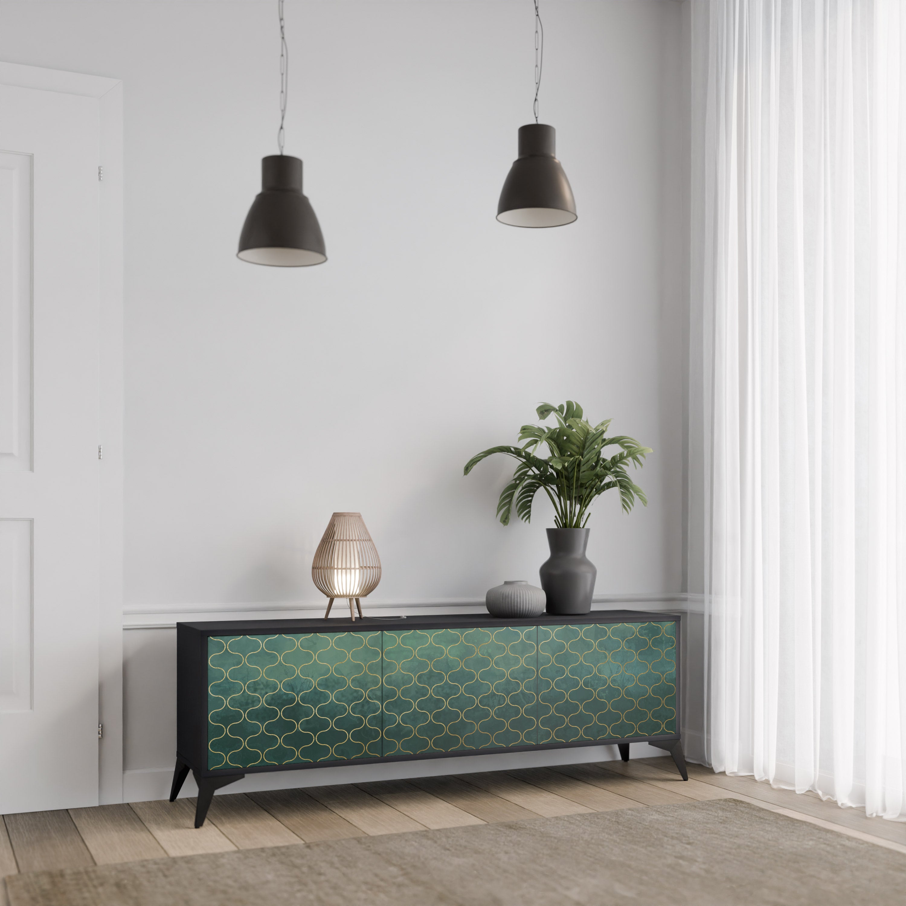 Mueble de TV de 3 puertas TESSELATED GREENERY en acabado negro