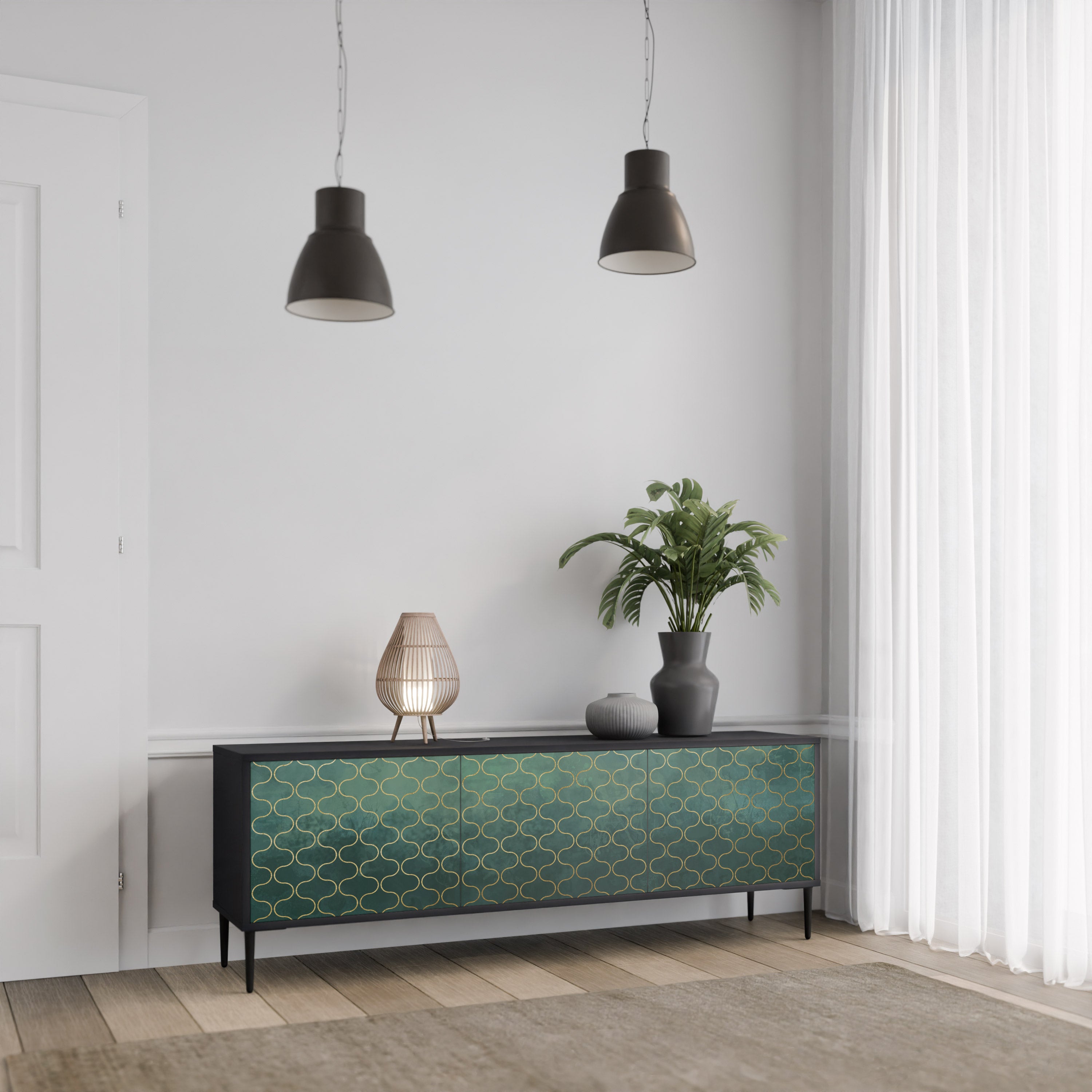 Mueble de TV de 3 puertas TESSELATED GREENERY en acabado negro