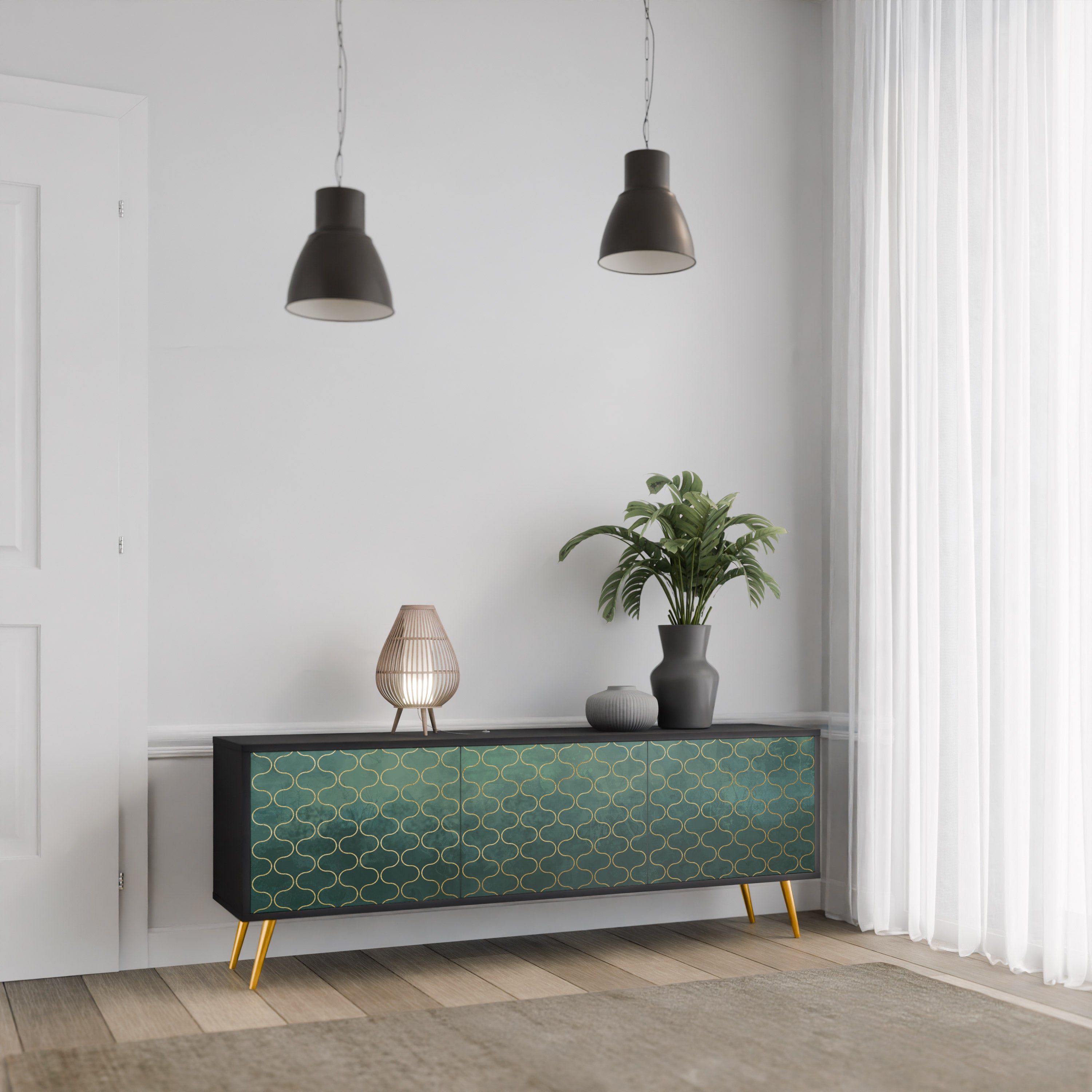 Mueble de TV de 3 puertas TESSELATED GREENERY en acabado negro