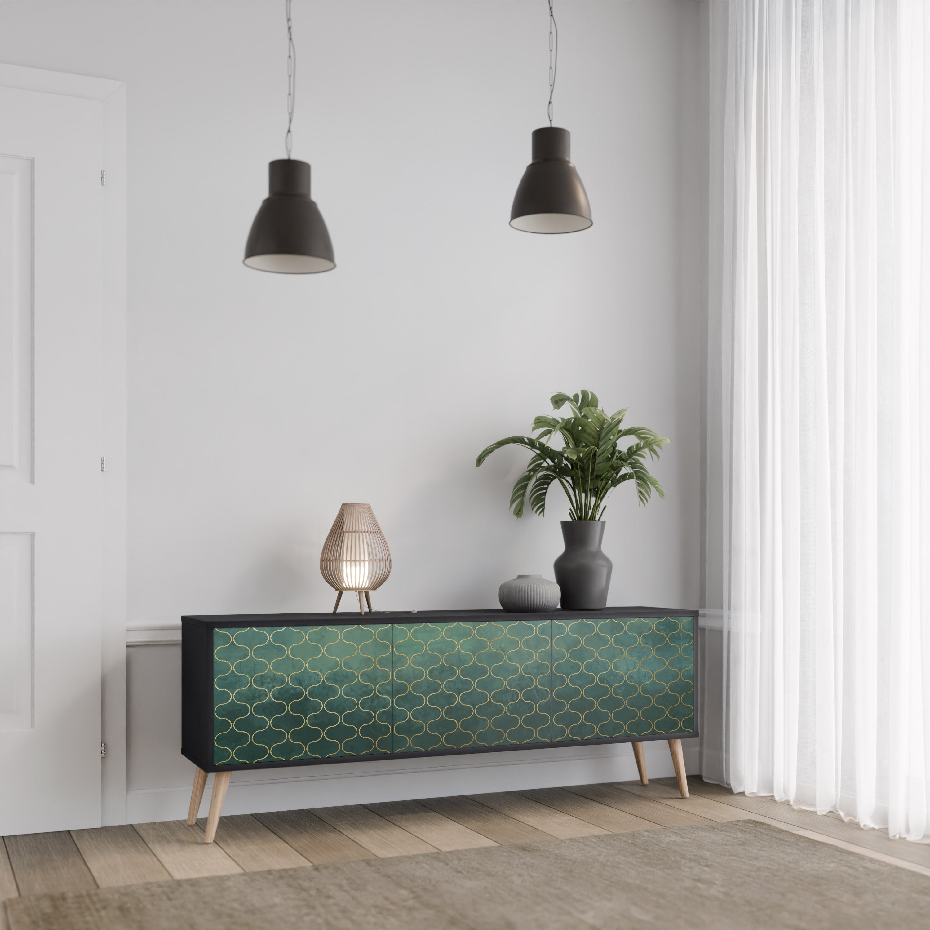 Mueble de TV de 3 puertas TESSELATED GREENERY en acabado negro
