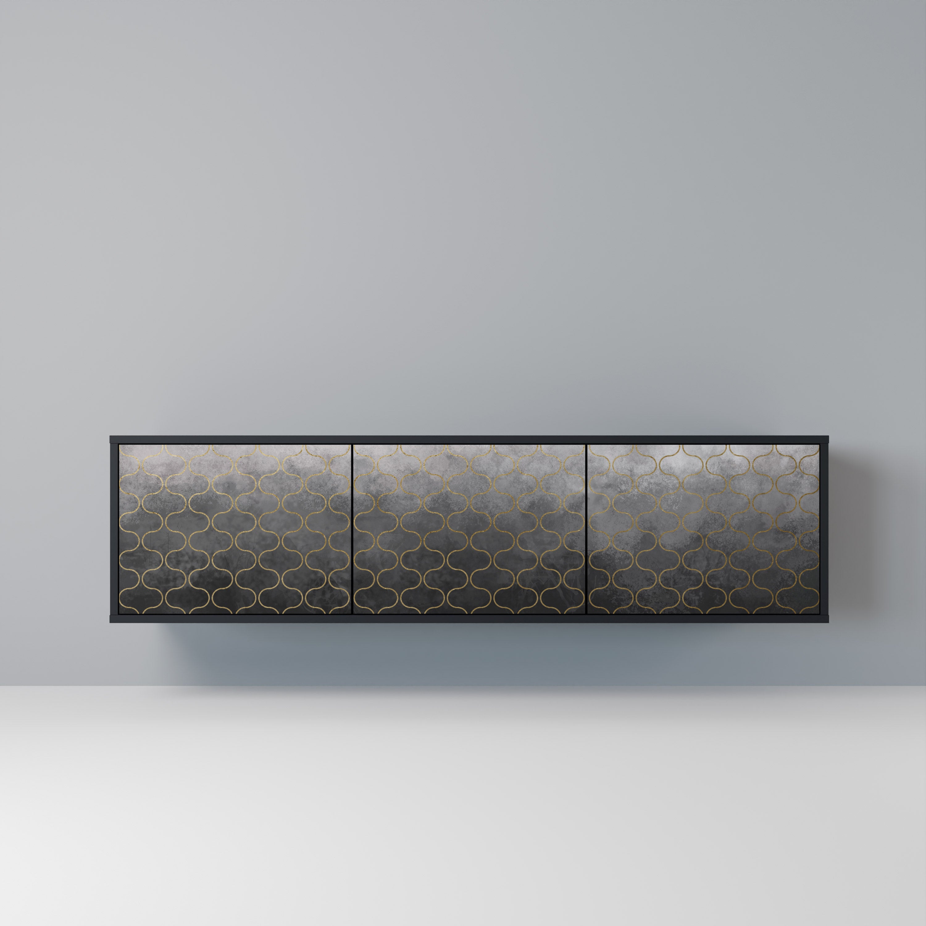 Mueble para TV de 3 puertas en color grisáceo teselado con acabado negro