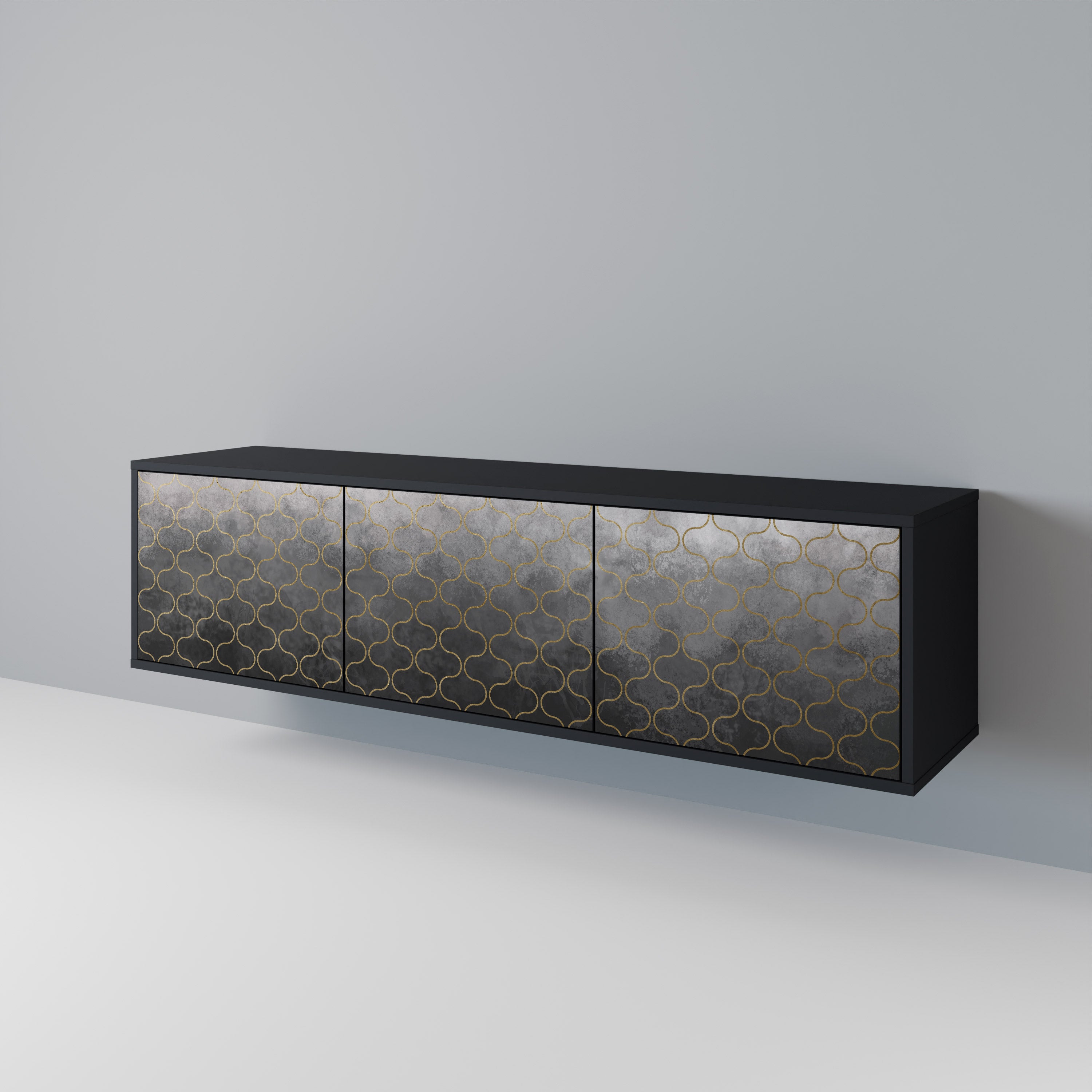 Mueble para TV de 3 puertas en color grisáceo teselado con acabado negro
