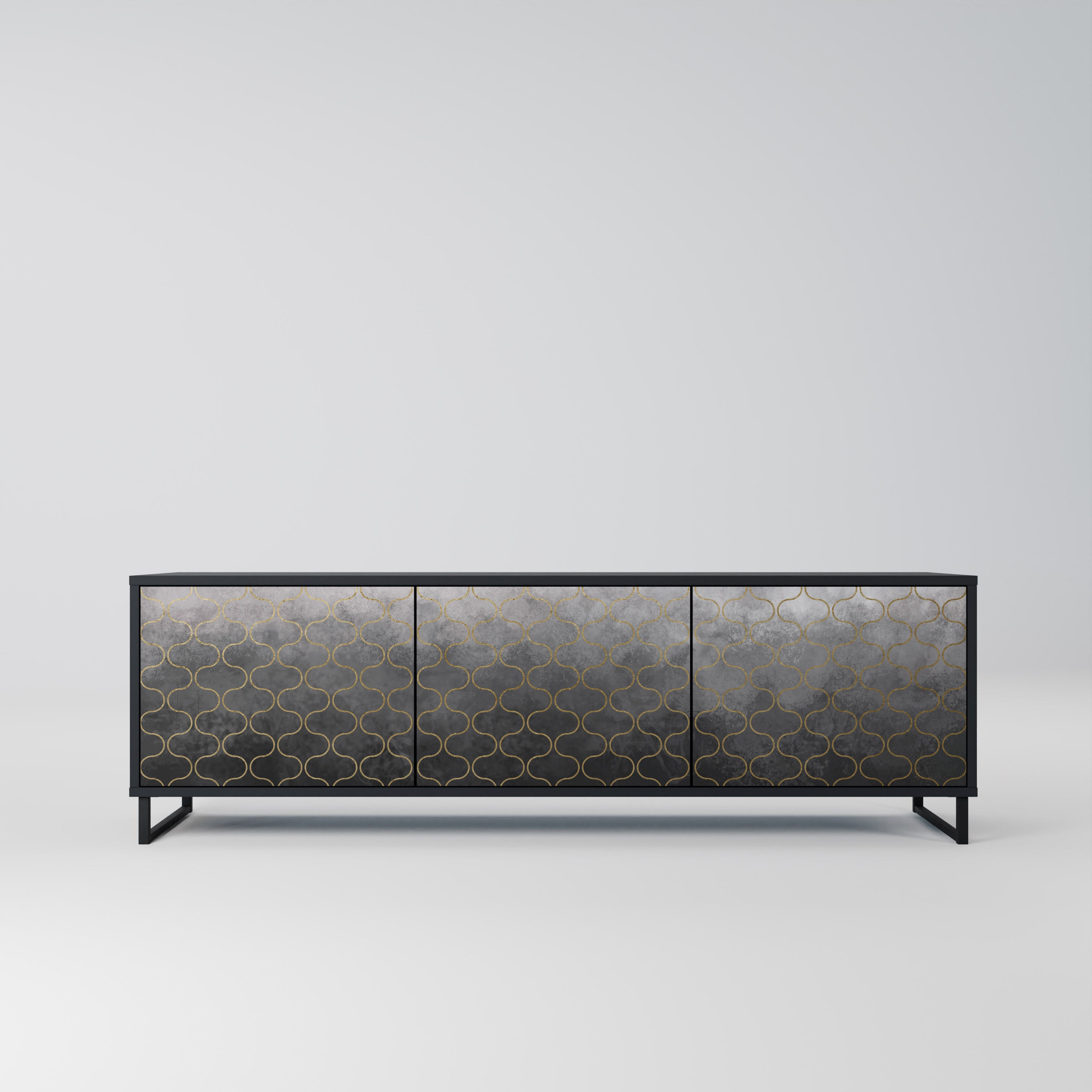 Mueble para TV de 3 puertas en color grisáceo teselado con acabado negro