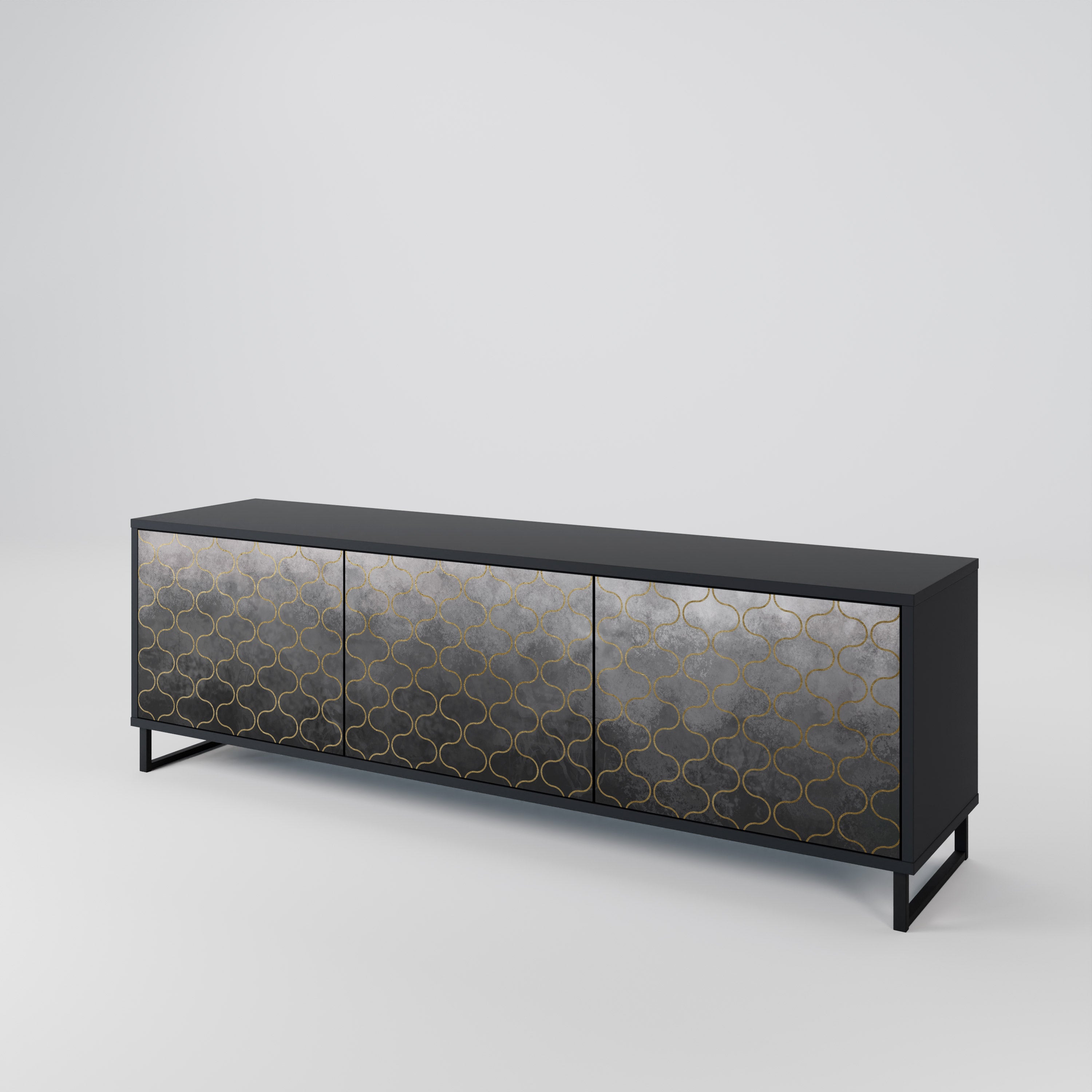 Mueble para TV de 3 puertas en color grisáceo teselado con acabado negro