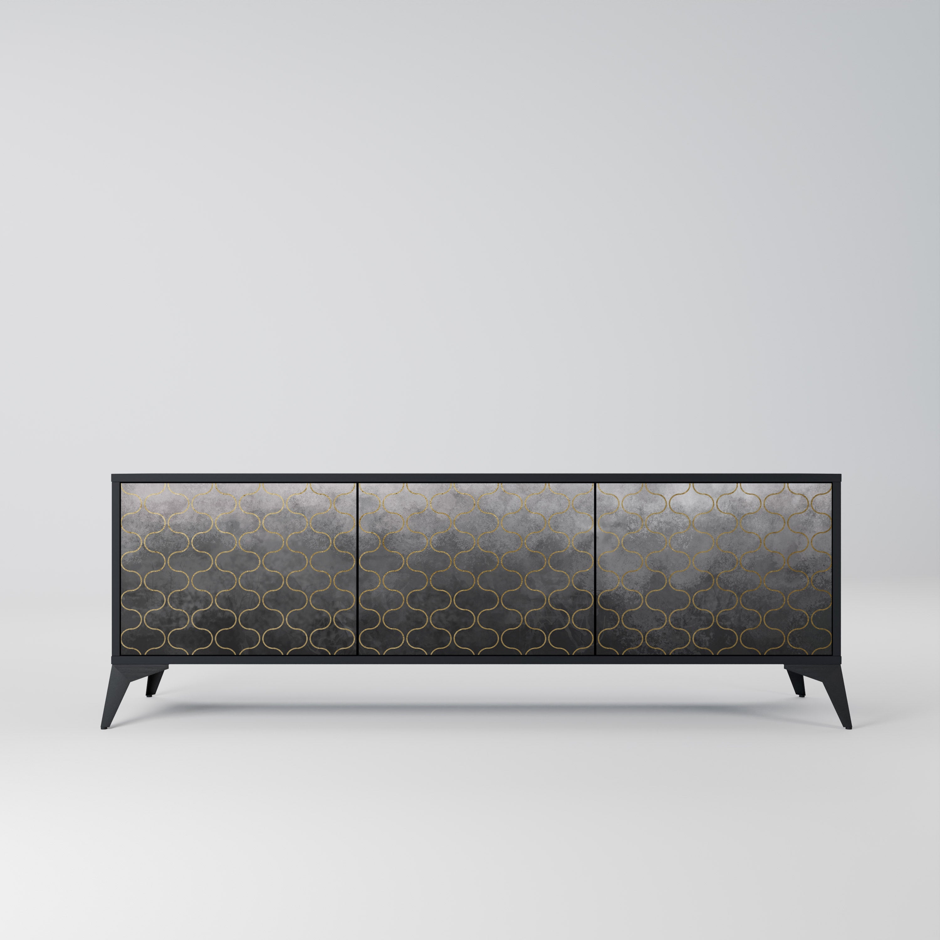 Mueble para TV de 3 puertas en color grisáceo teselado con acabado negro