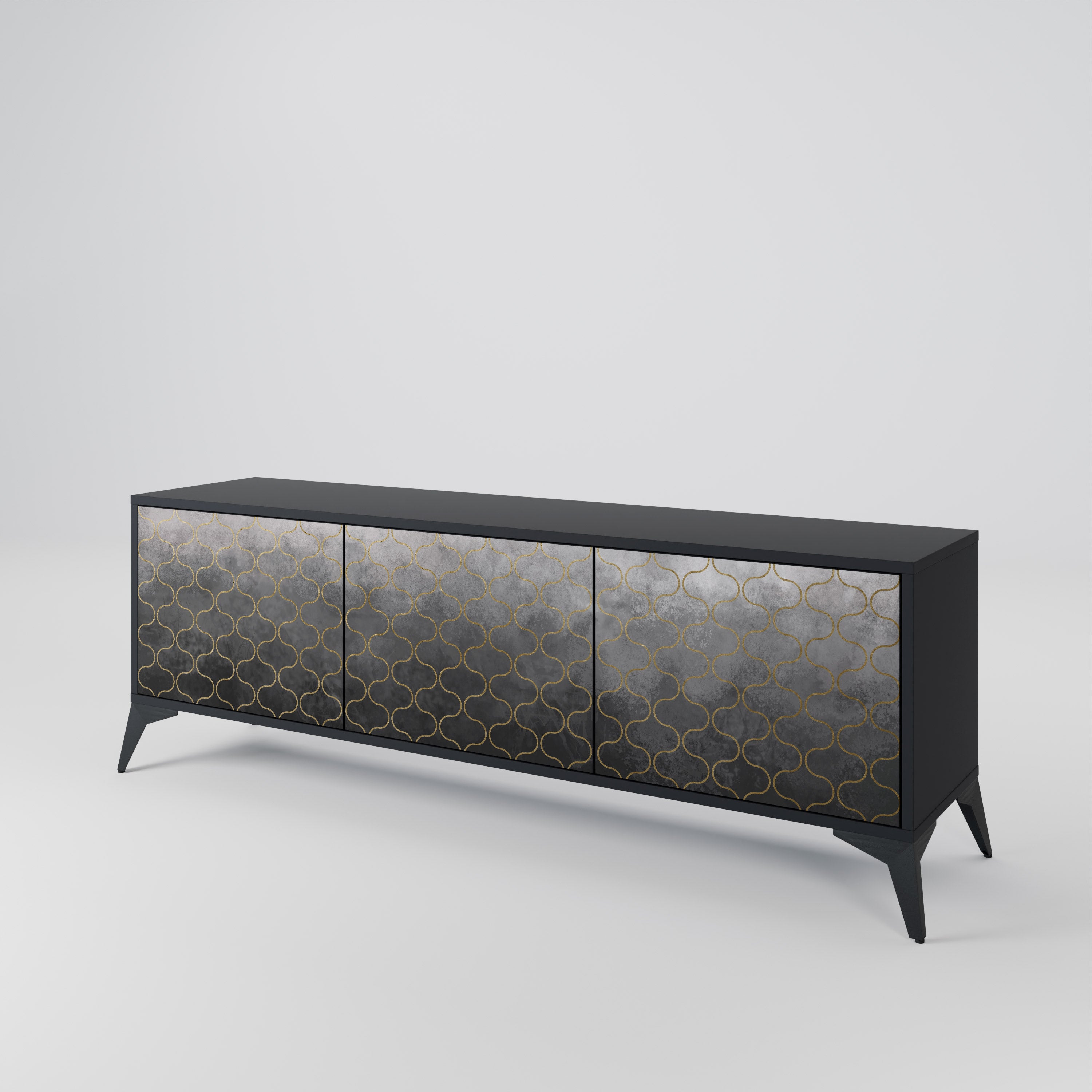 Mueble para TV de 3 puertas en color grisáceo teselado con acabado negro