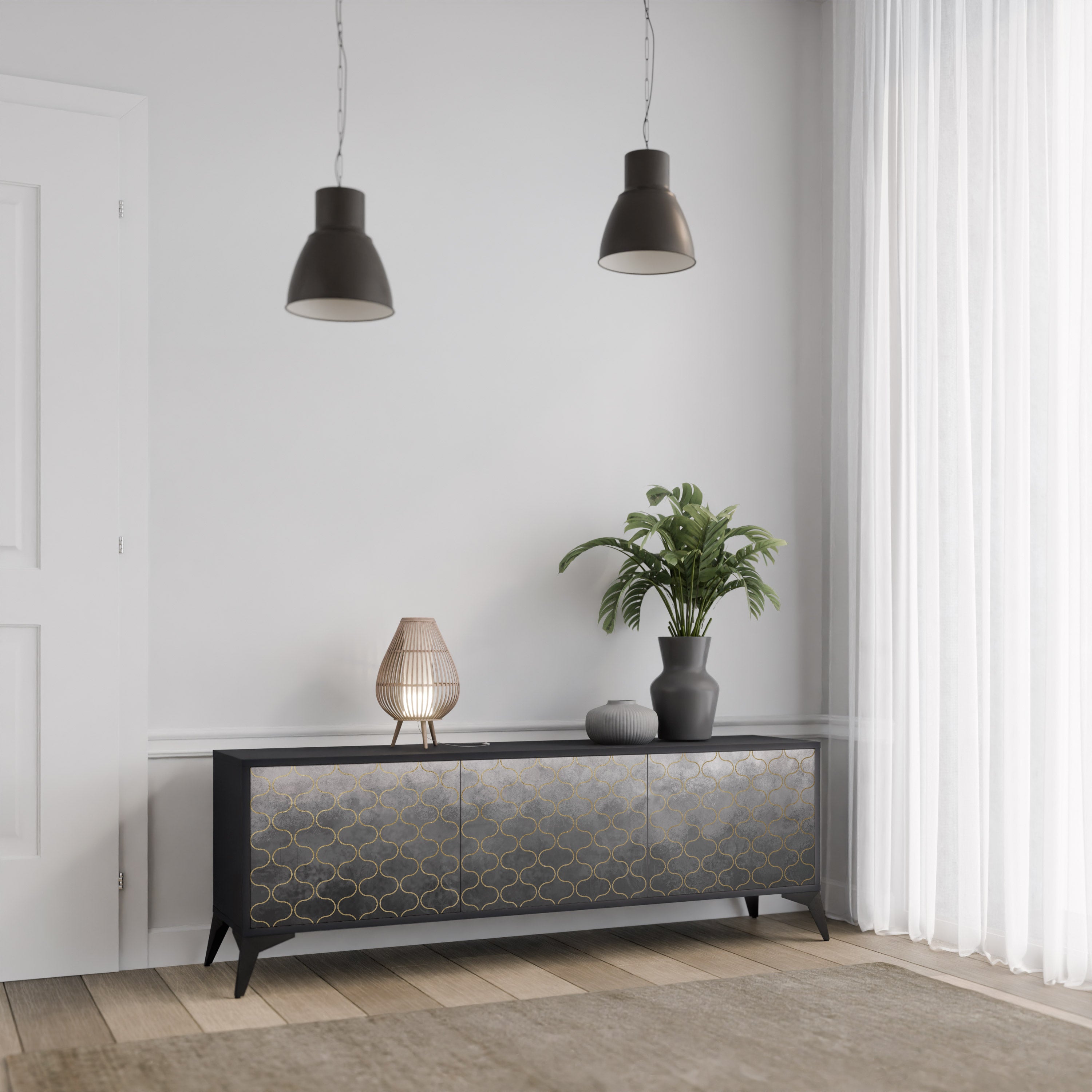 Mueble para TV de 3 puertas en color grisáceo teselado con acabado negro