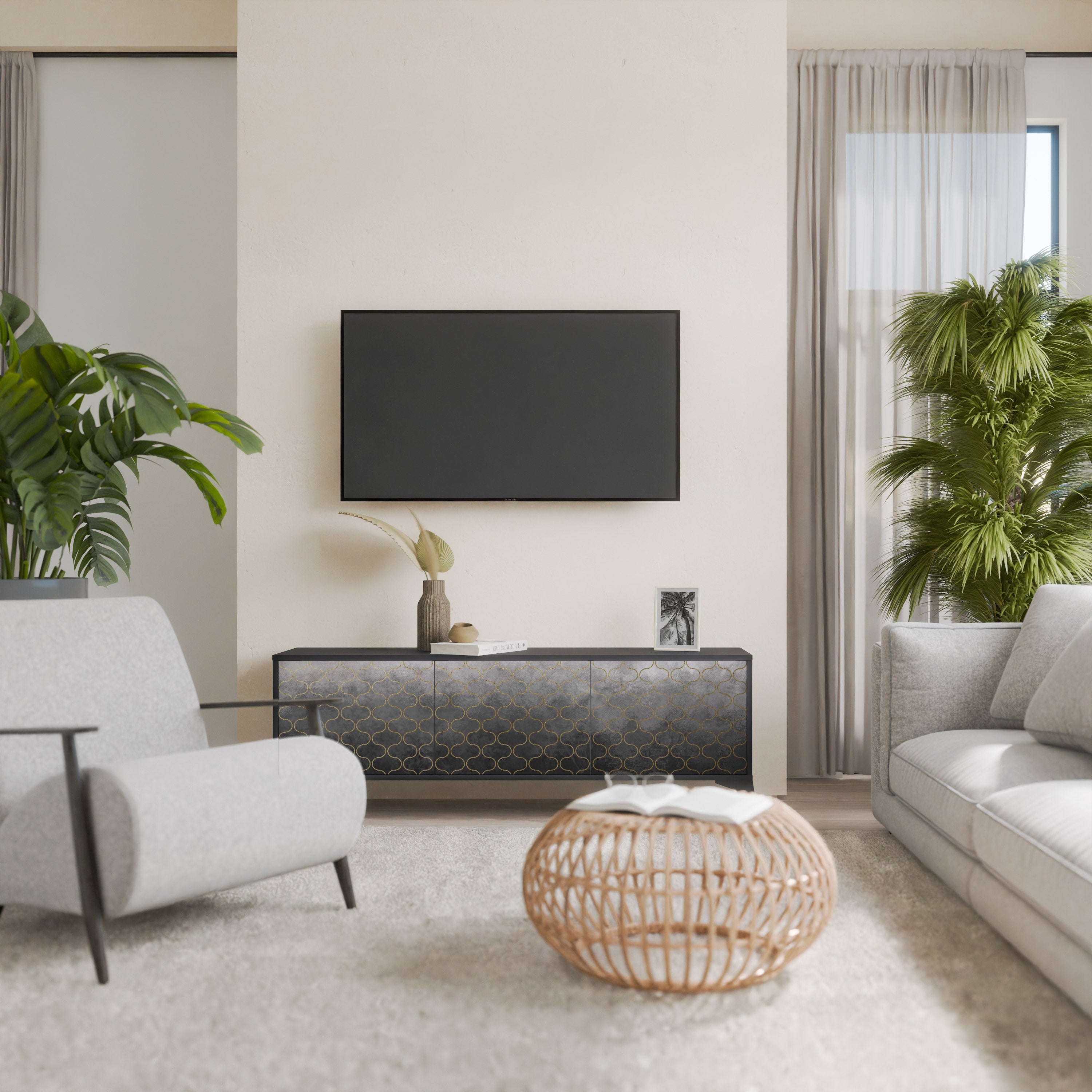 Mueble para TV de 3 puertas en color grisáceo teselado con acabado negro