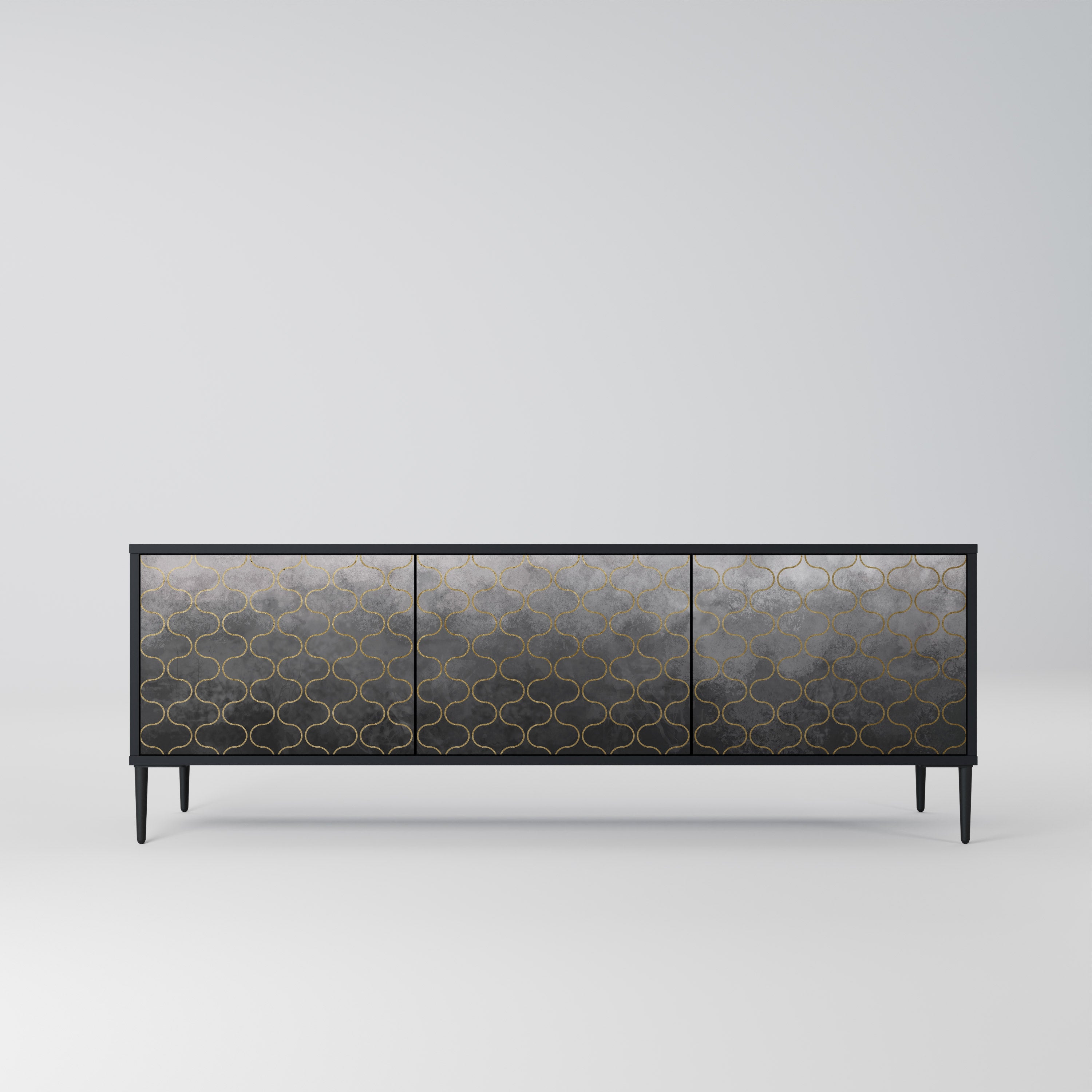 Mueble para TV de 3 puertas en color grisáceo teselado con acabado negro